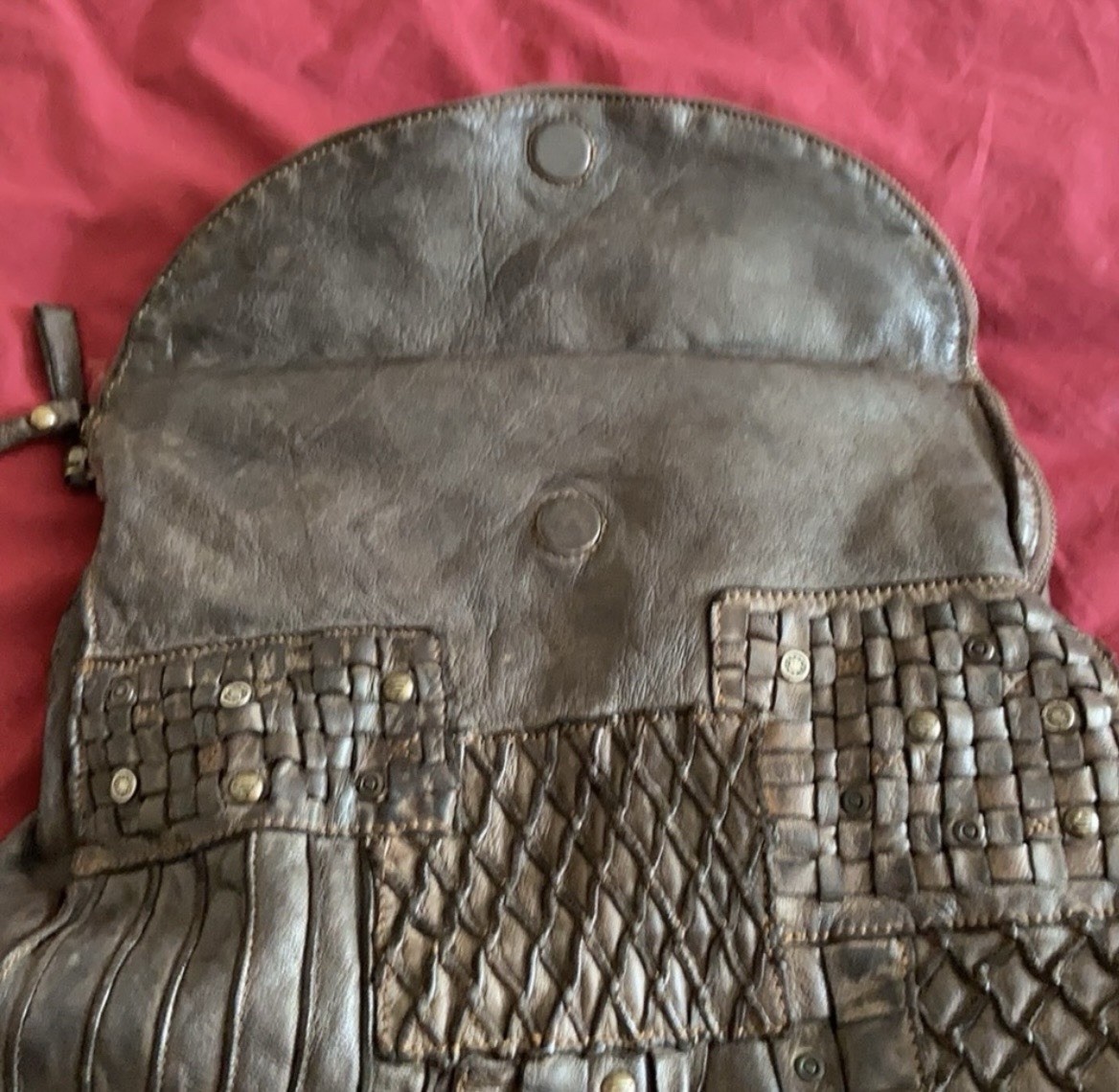 Brown Woven Distressed Studded Shoulder Bag Zip Closure Inner/Outer Pockets