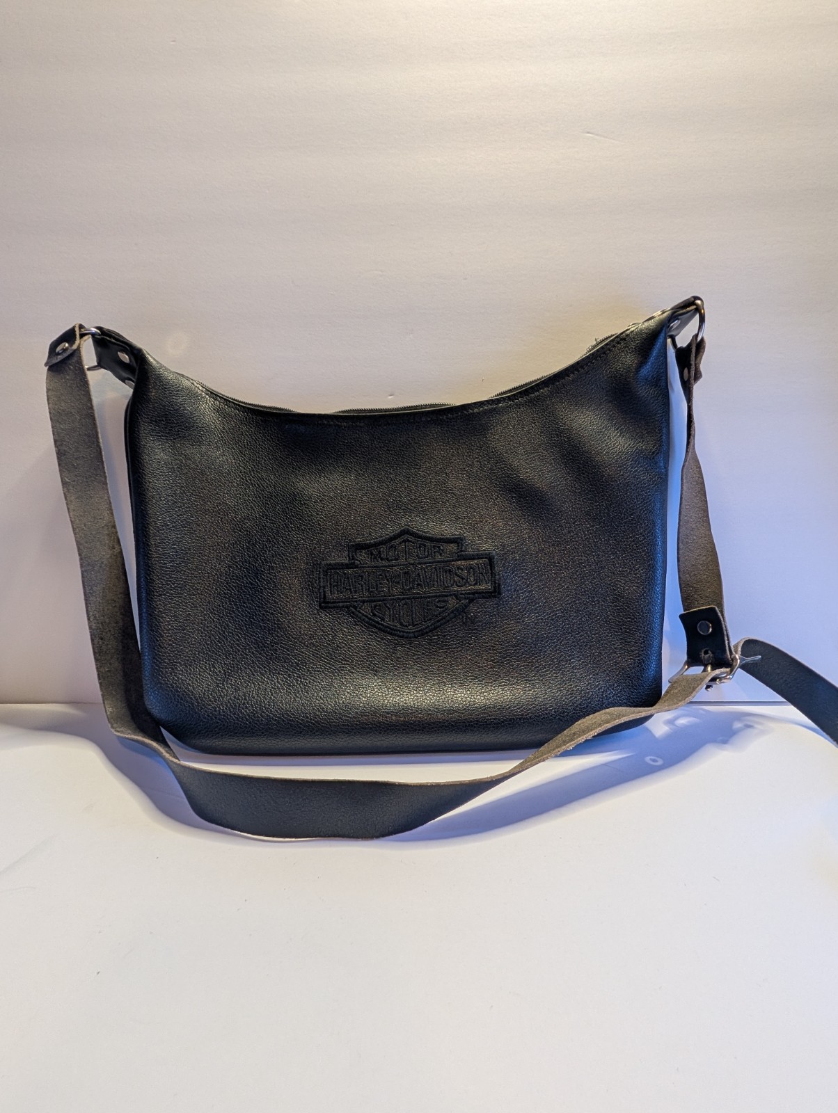Harley Davidson Black Leather Shoulder Bag Purse Embossed Logo VTG 8 in. x 11in.