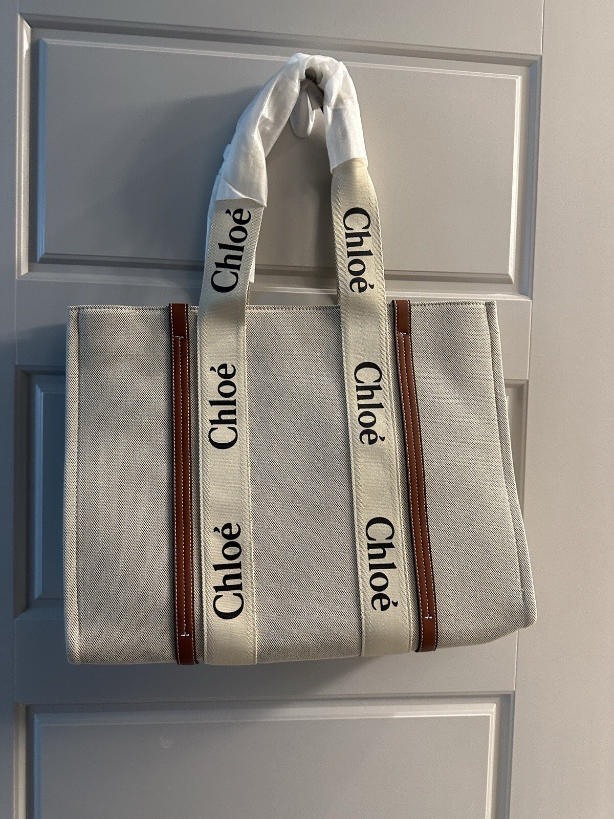 Chloe Woody Tote White & Brown Linen NWT Large $1550 Retail