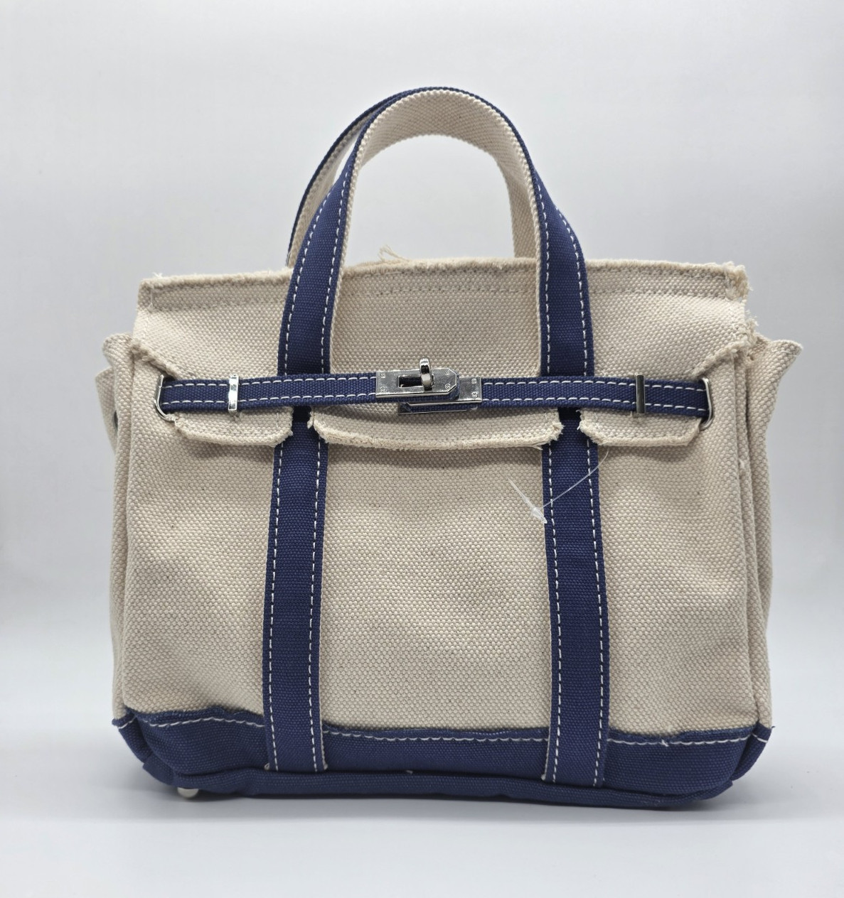 SUNWIN Beige Blue Satchel Top Handle Bag Turn Lock Drawstring Silver Hardware