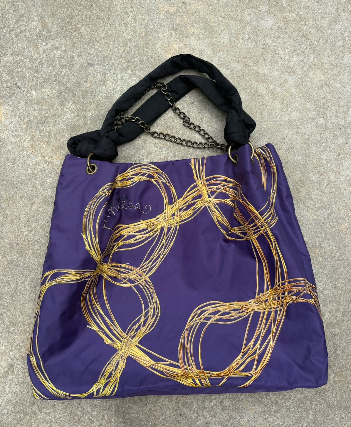 Vera Wang Purple/Gold Abstract Tote Bag Chain & Logo Accent, Black Handles
