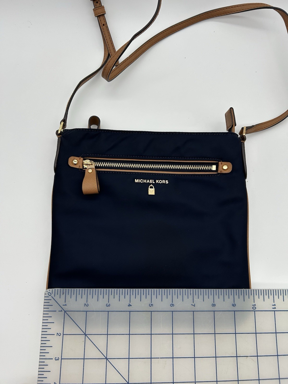 New Michael Kors Nylon Kelsey Navy with Tan Leather Trim Crossbody Bag Purse
