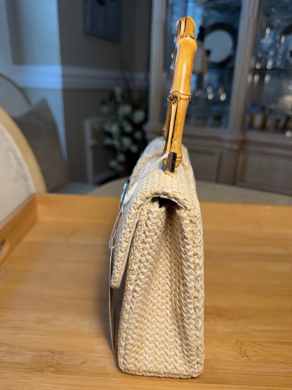 Tommy Bahama Woven Straw Satchel w/ Bamboo Top Handles/Gold Chain. NWT.