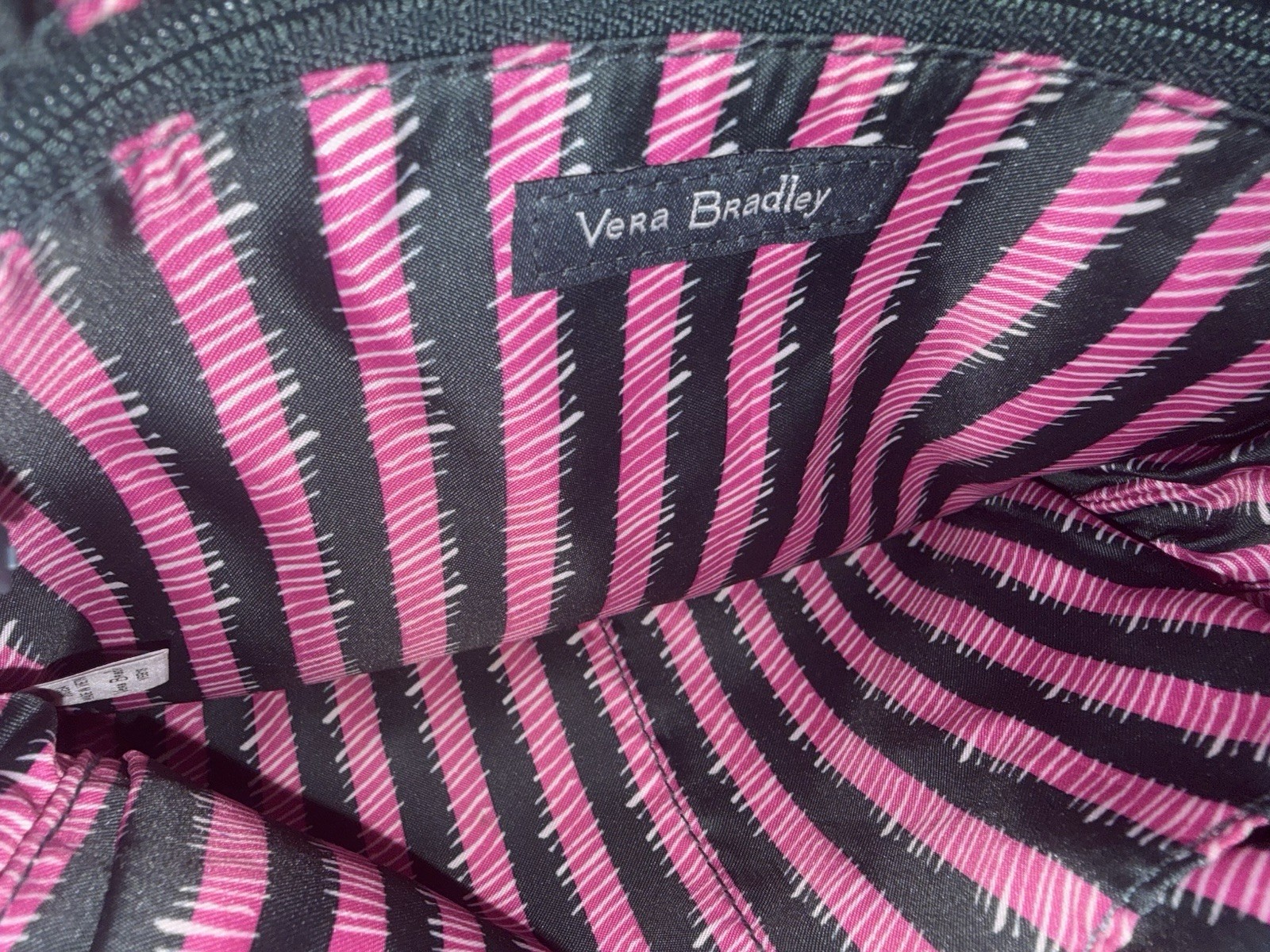 Vera Bradley Women’s Black Shoulder Bag with Pink Striped Lining and Zipper