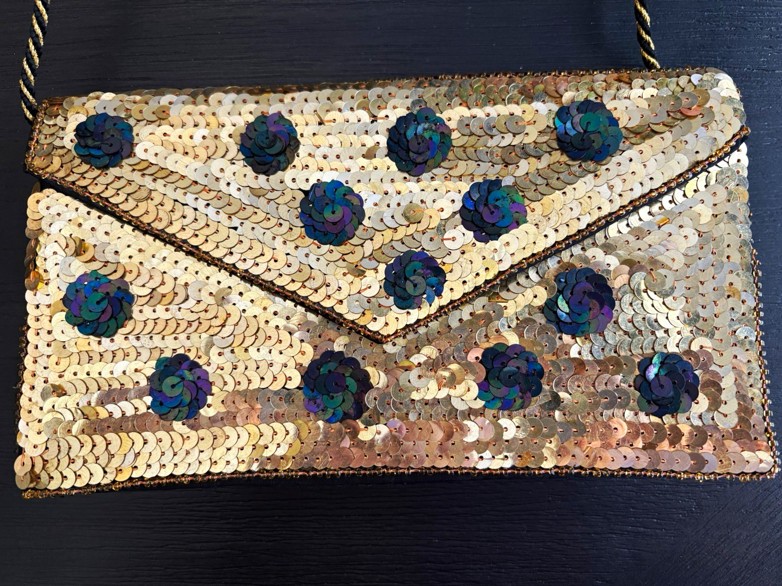 VTG Gold Sequin Evening Crossbody Clutch Purse Black Iridescent Beaded Bag