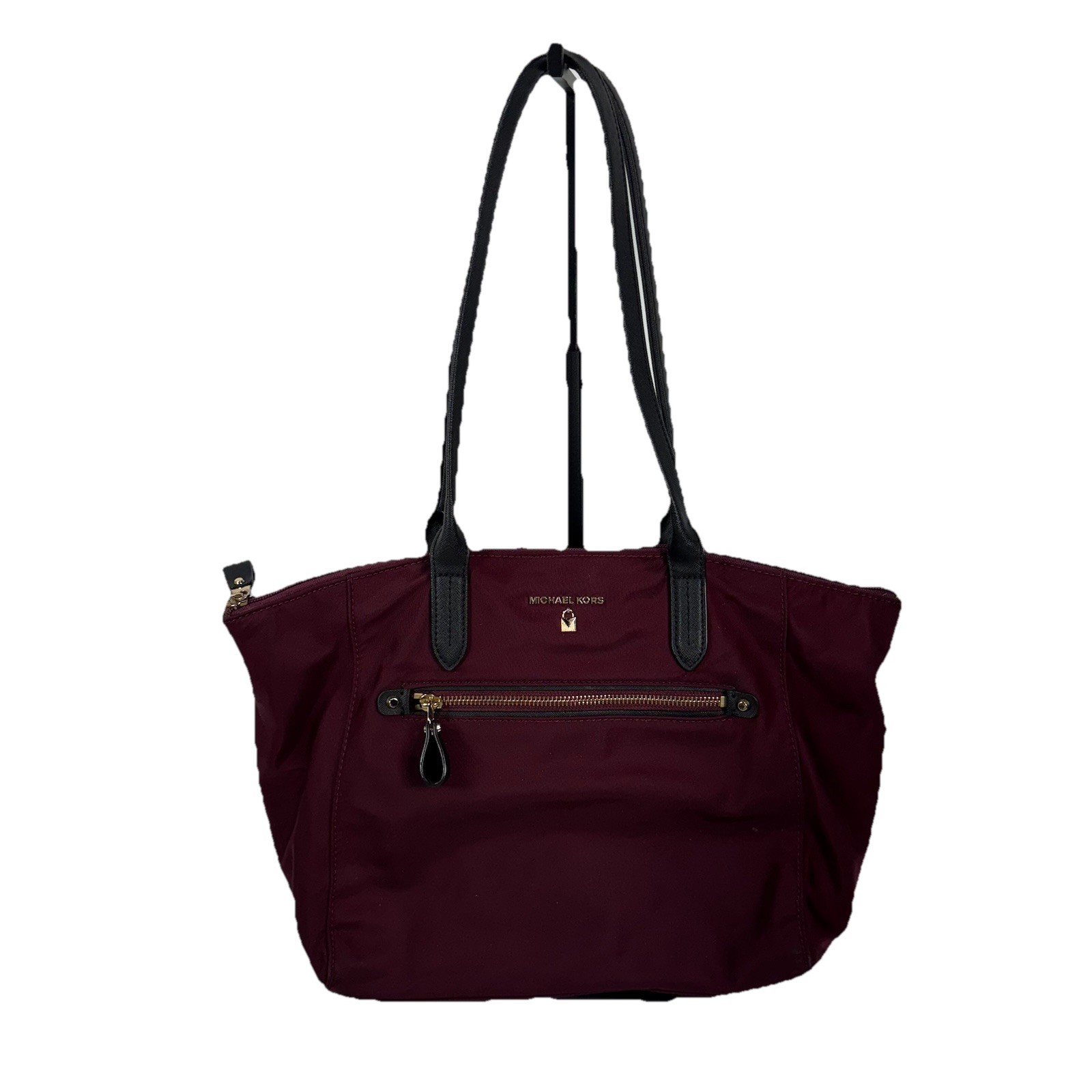 Michael Kors Maroon Nylon Kelsey Tote Bag Gold Hardware Zip Top Shoulder Bag
