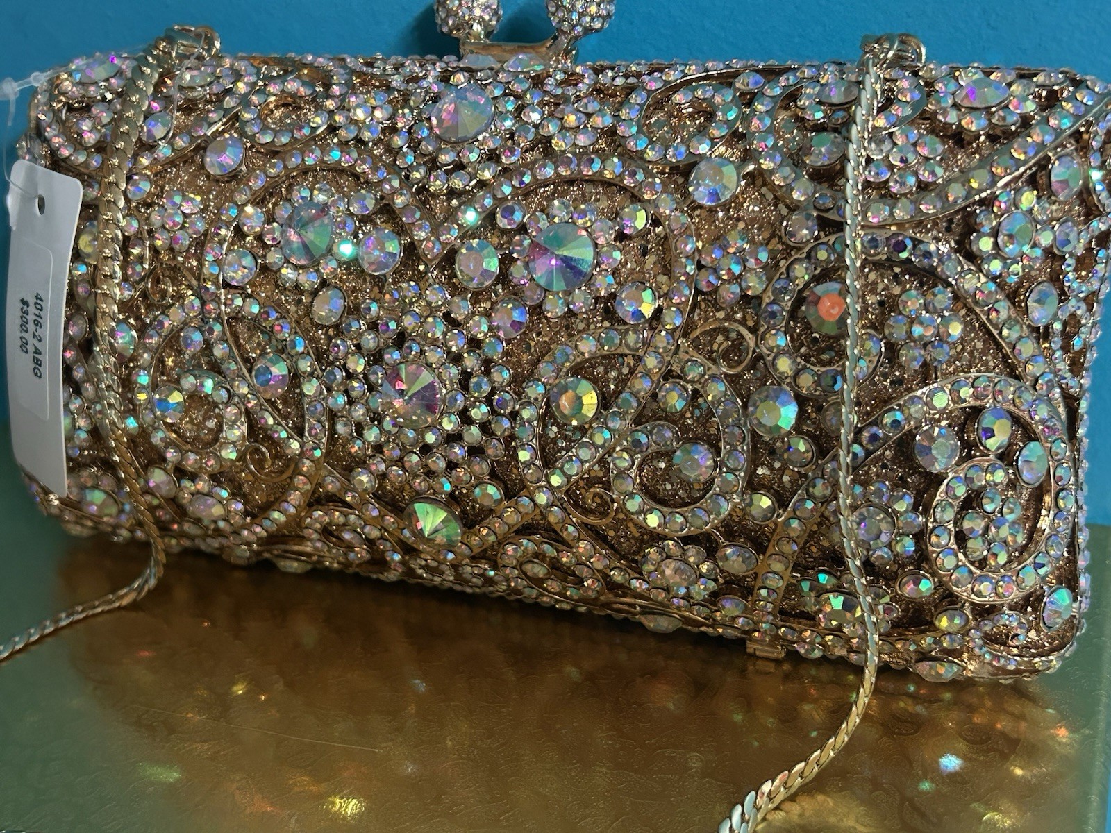 NEW Swarovski Aurora Borealis Gold Silver Crystal Handbag Clutch Gatsby WOW Glam