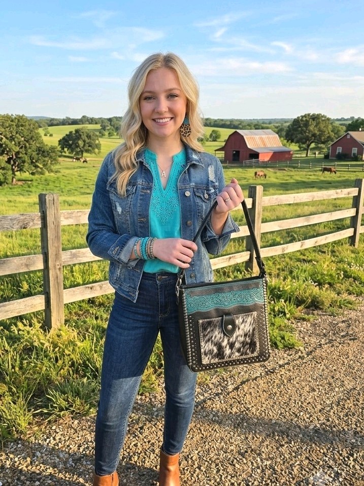 Trinity Ranch Concealed Carry Purse Black And Teal With Cowhide Accents