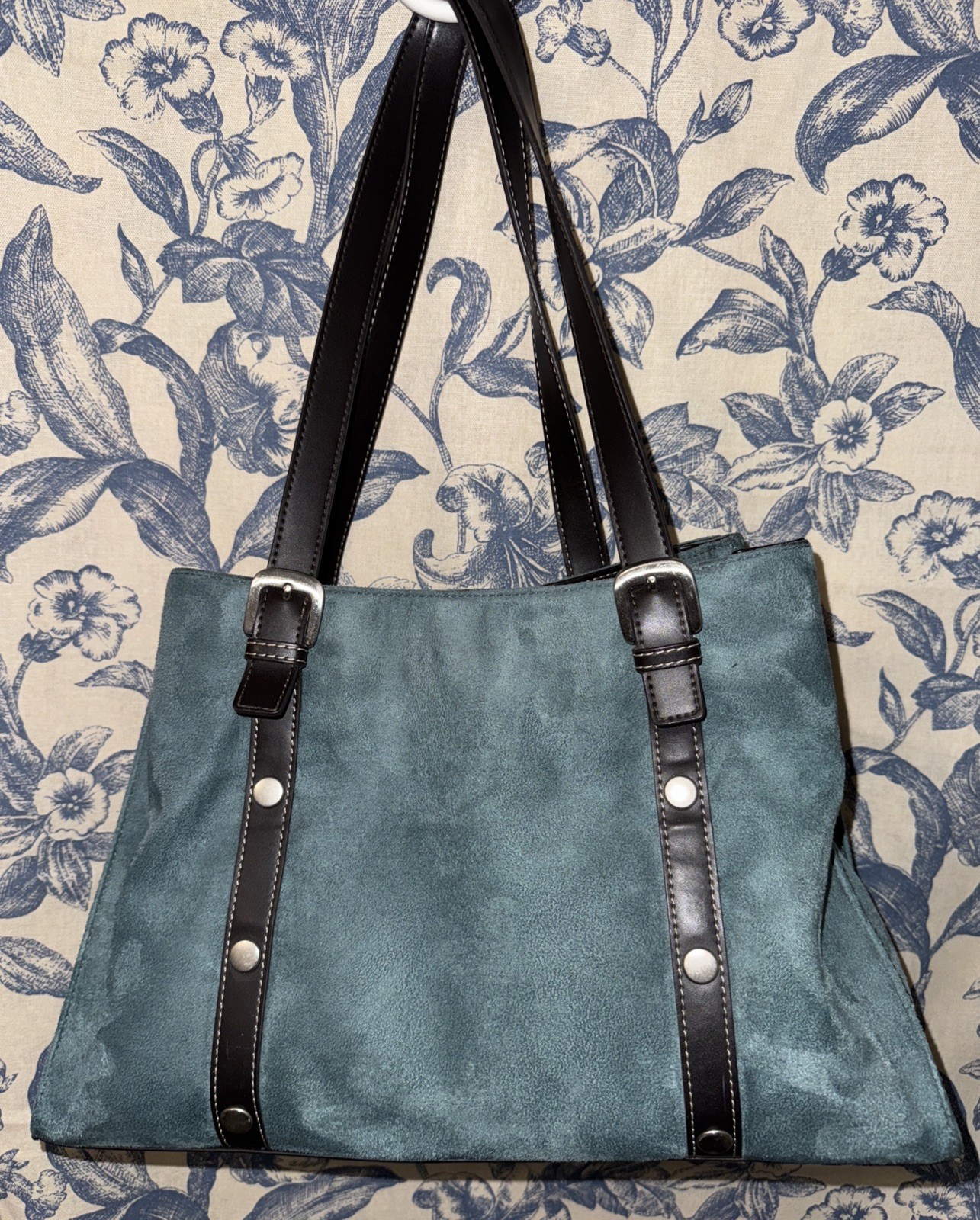 Classic Element – Soft Faux Suede Shoulder Bag – Teal/Turquoise – Black Handles