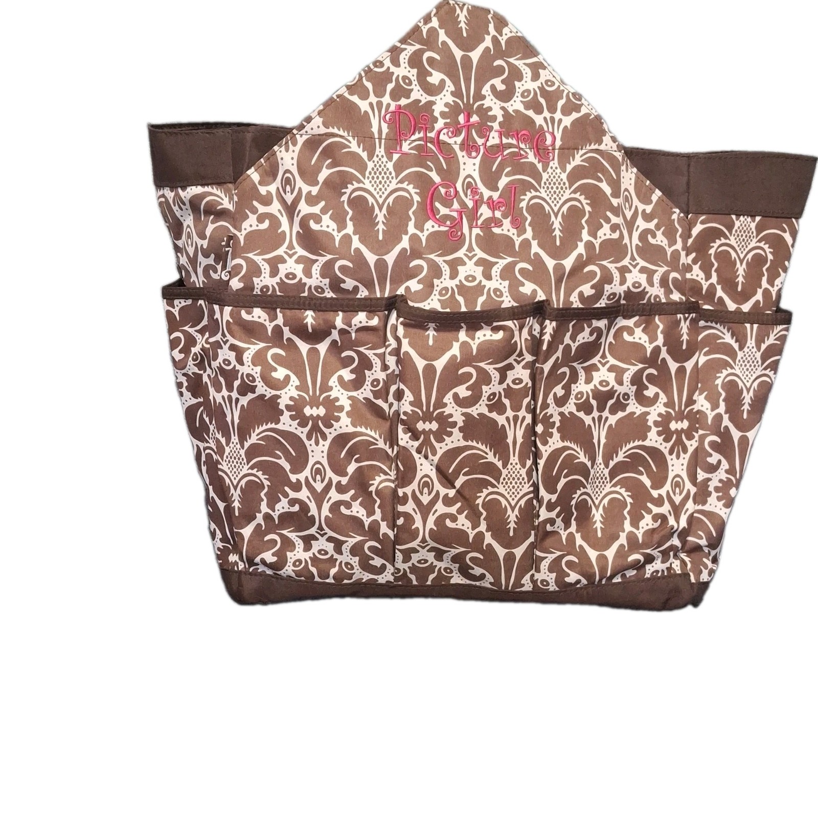 Initials INC,Brown Beige Damask Tote Bag Picture Girl Embroidered Outer Pockets