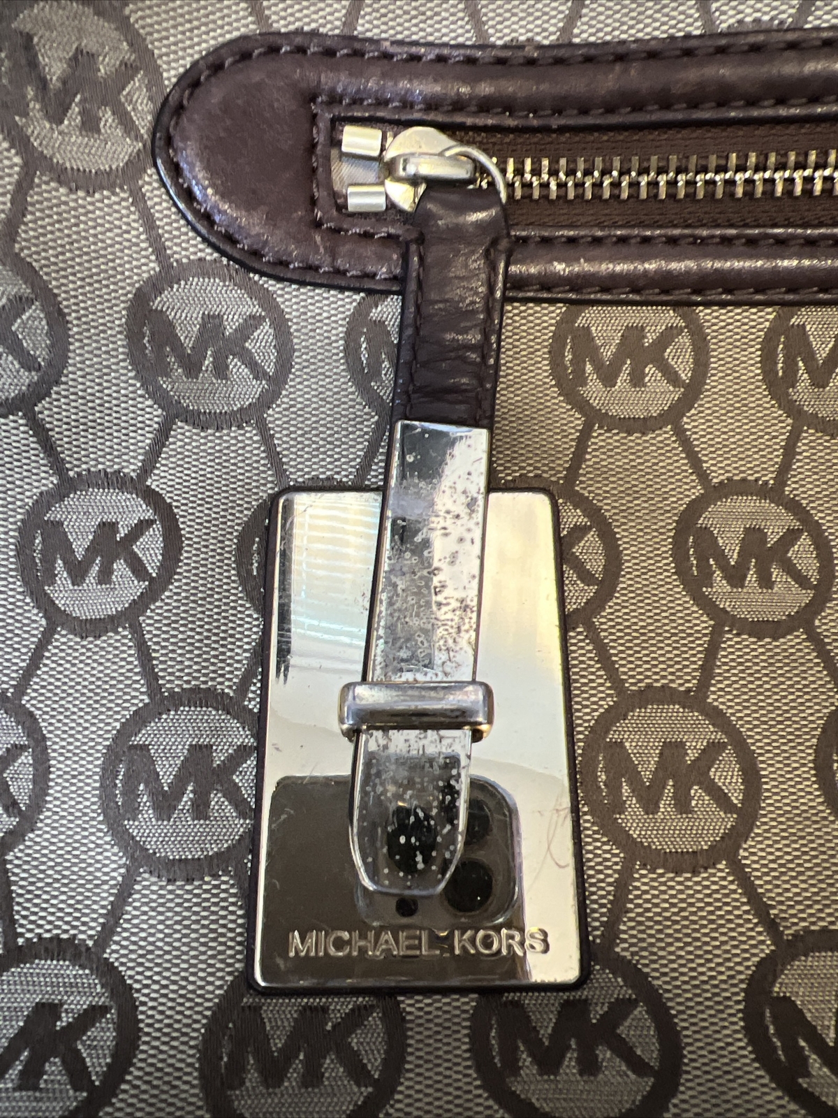 Michael Kors Large CALISTA Satchel Bag MK Signature Jacquard Beige and Brown