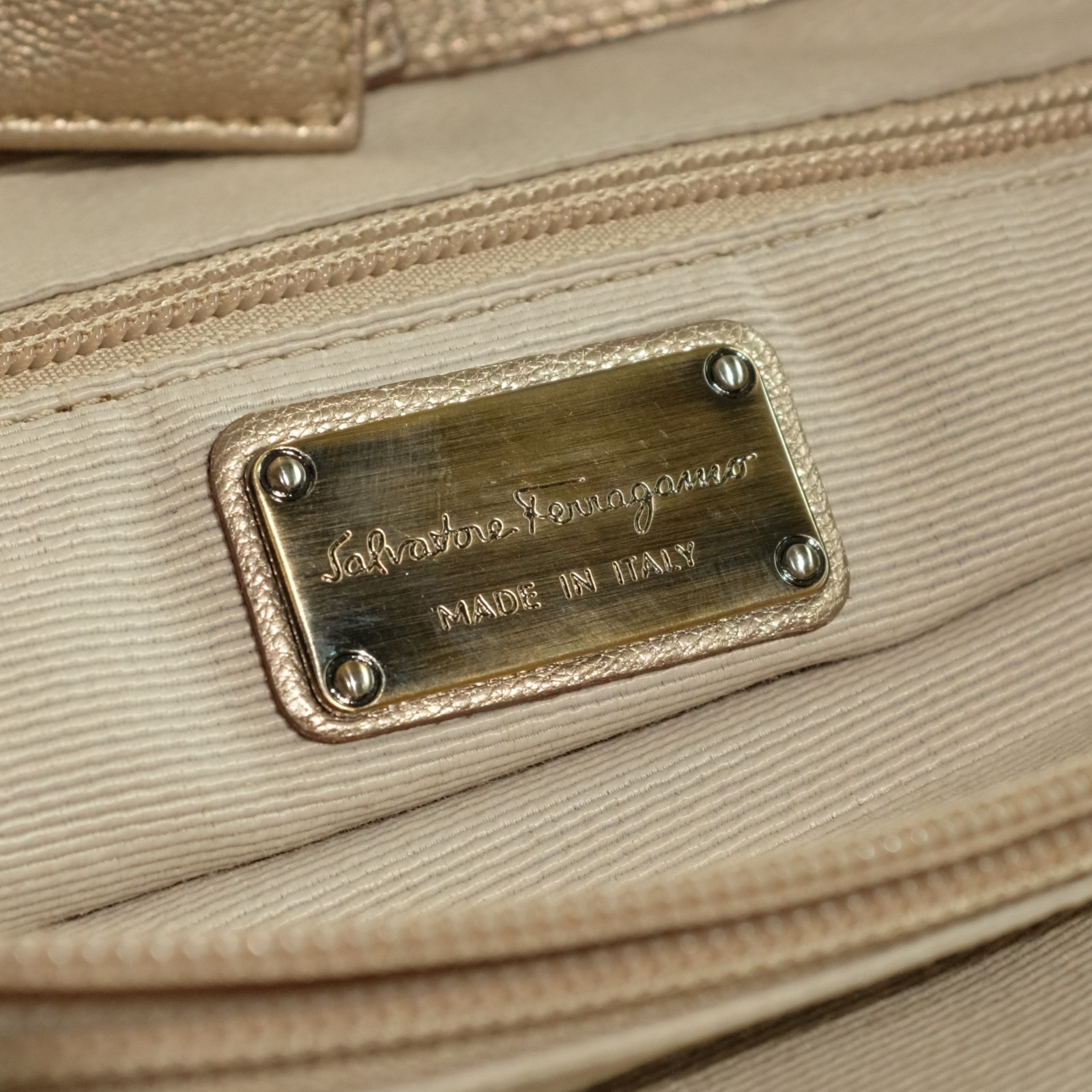 Salvatore Ferragamo Metallic Bronze Leather Miss Vara Bow Tote