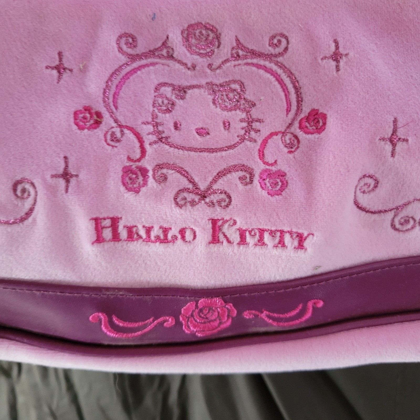 2006 Hello Kitty Pink Velour Shoulder Bag Plum Trim Rose Embroidery Y2K Sanrio