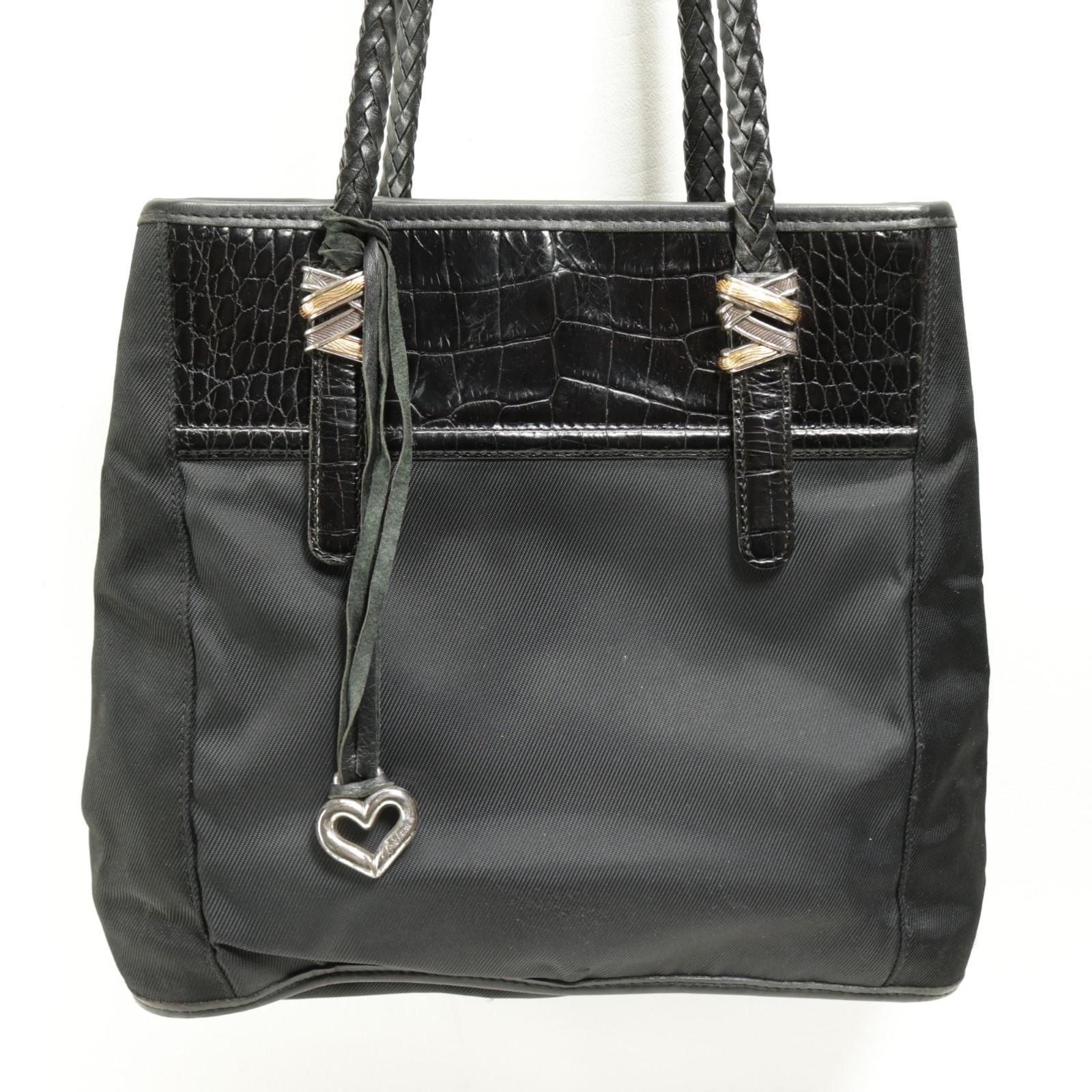 Vtg Brighton Shoulder Handbag Black Nylon Canvas Brown Croc Leather Braid Straps