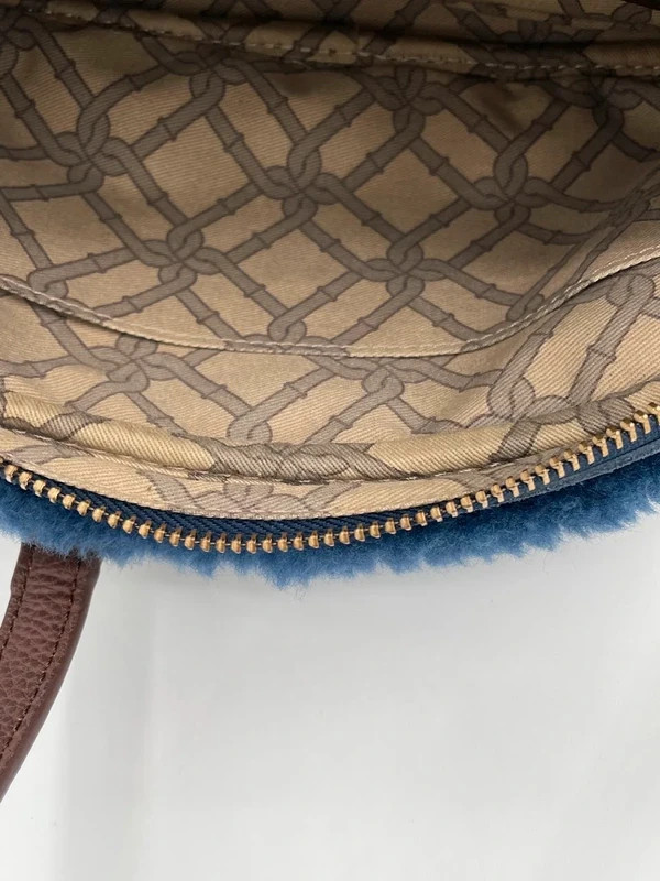UGG Navy Blue Suede Shearling Crossbody Bag Brown Leather Gold Hardware