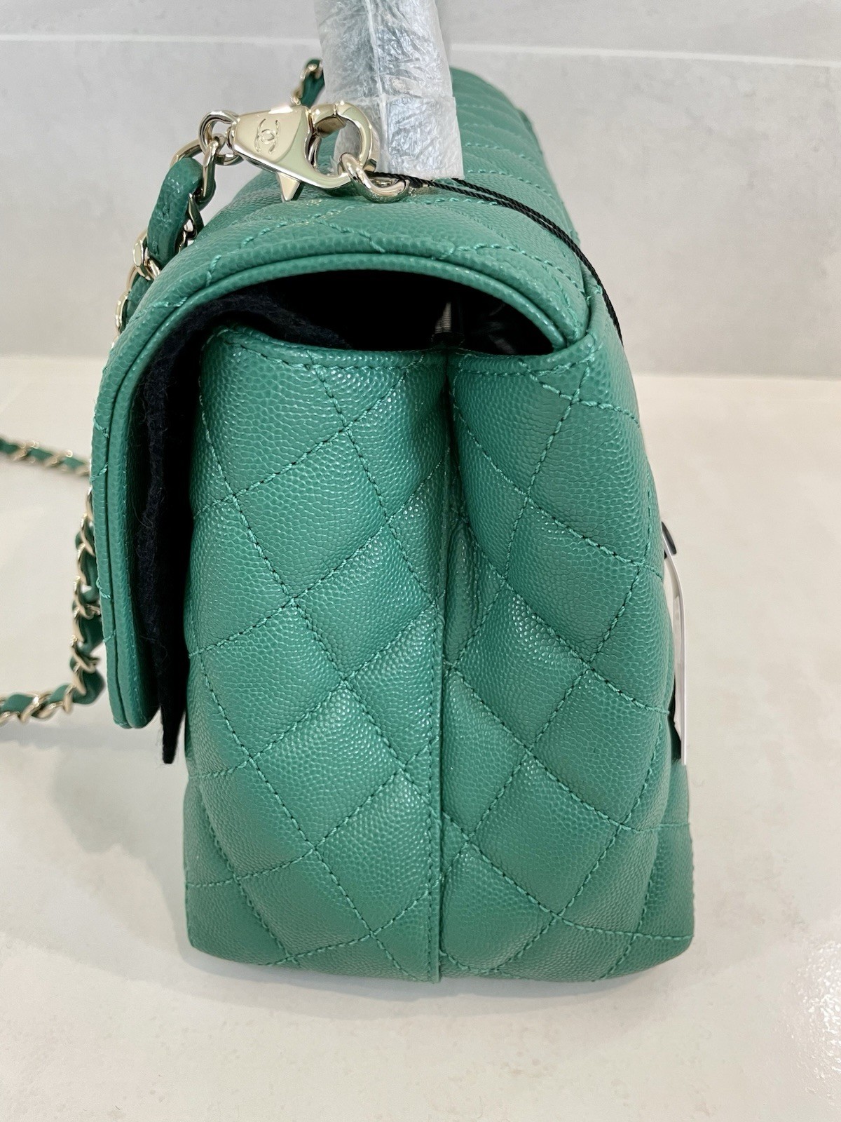 New 22A CHANEL Medium Large Flap Coco Top Handle Green Caviar Gold Bag RECEIPT