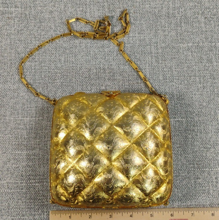 70’s Italian Rosenfeld Embossed Gold Plated Metal Purse Shoulder Bag RARE