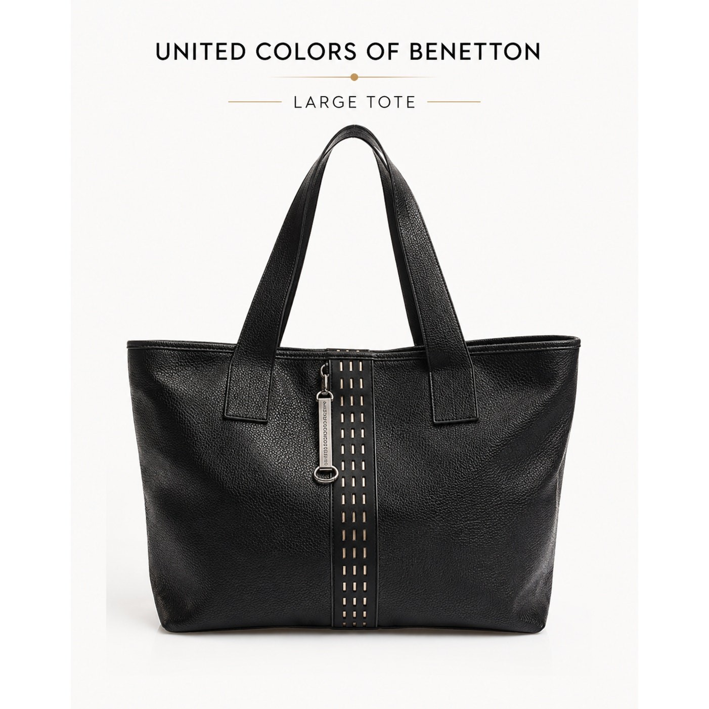 United Colors of Benetton Black Pebbled PVC Shoulder Tote Bag Large 18 Inch