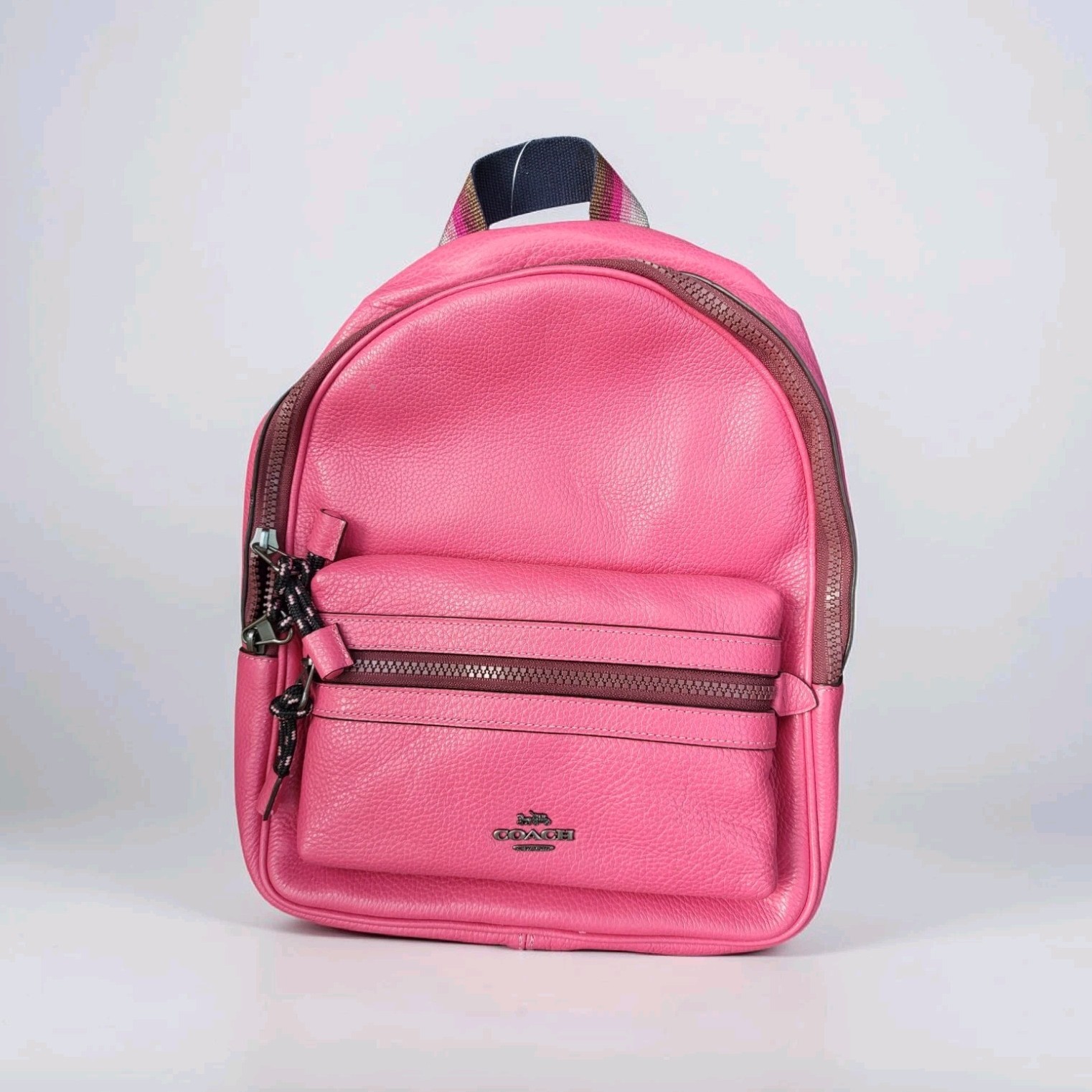 Coach Pink Pebbled Mini Backpack Front Zip Pocket Adjustable Straps Brand Card