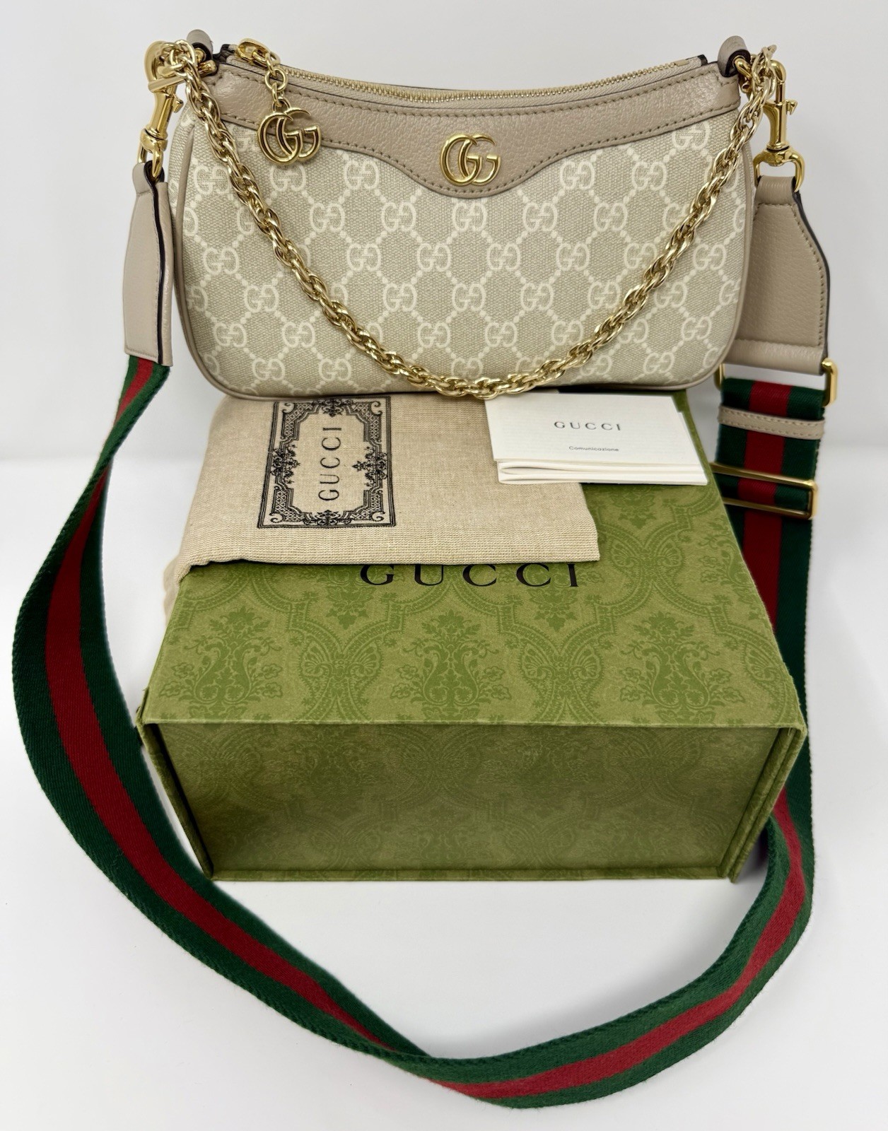 Gucci Ophidia Small Shoulder Bag GG Supreme Beige Oatmeal Gold HW, Box, Dustbag
