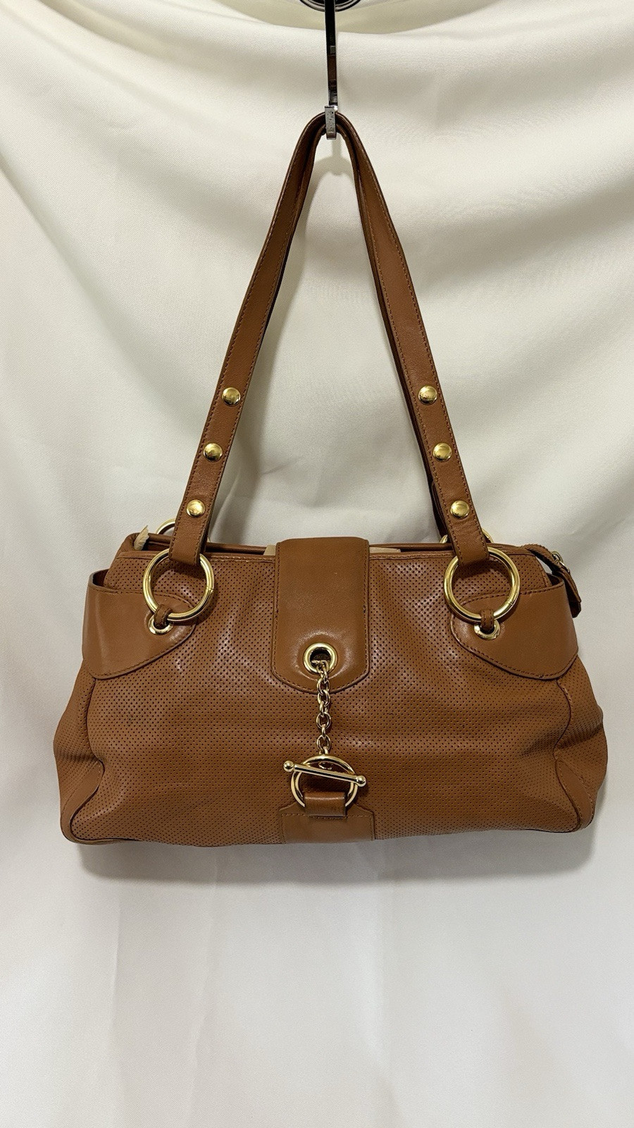 VIA SPIGA Medium Bag Leather Brown Shoulder Purse W/Gold Hardware