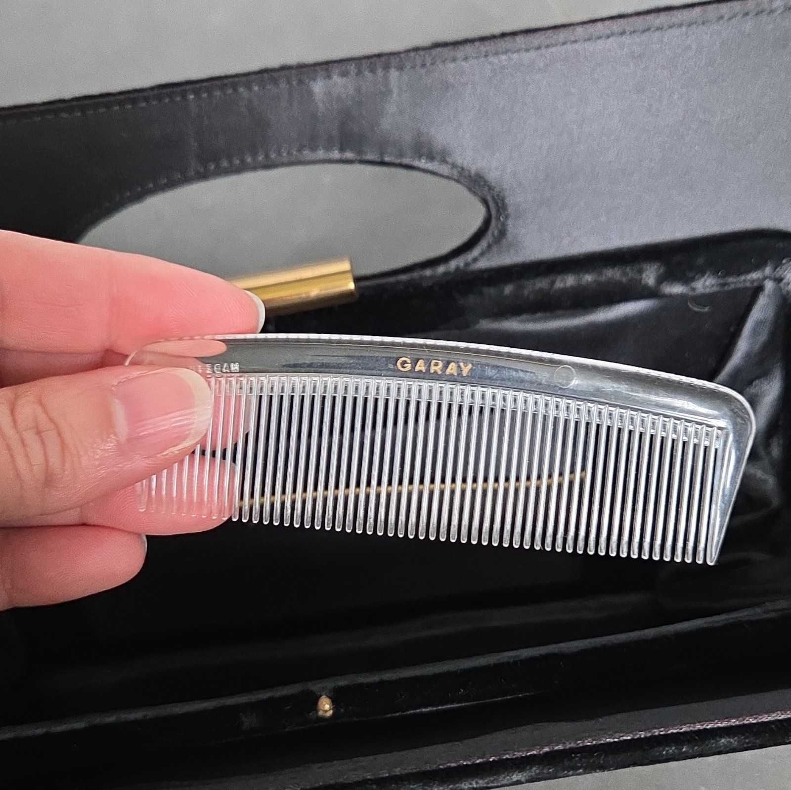 Vintage Garay Suede Black Top Handle Clutch Snap Closure W/ Pocket Comb