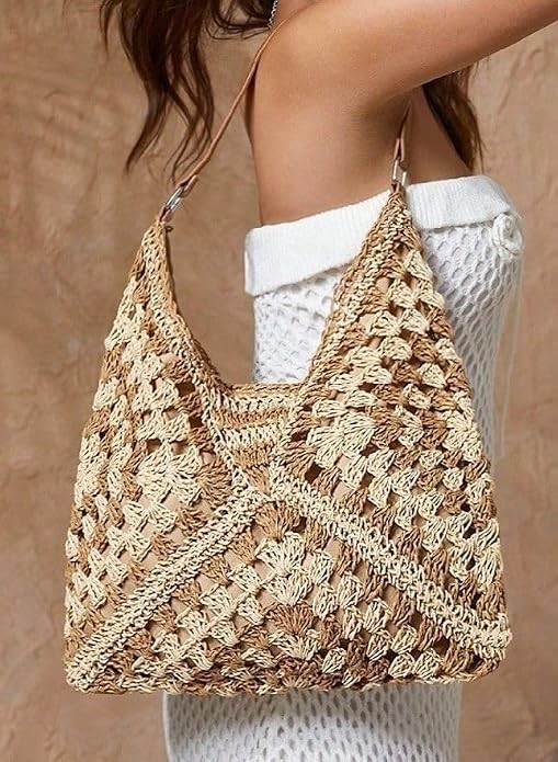 Elegant Straw Wicker Handmade Boho Aztec Tote Bag, Rich Brown