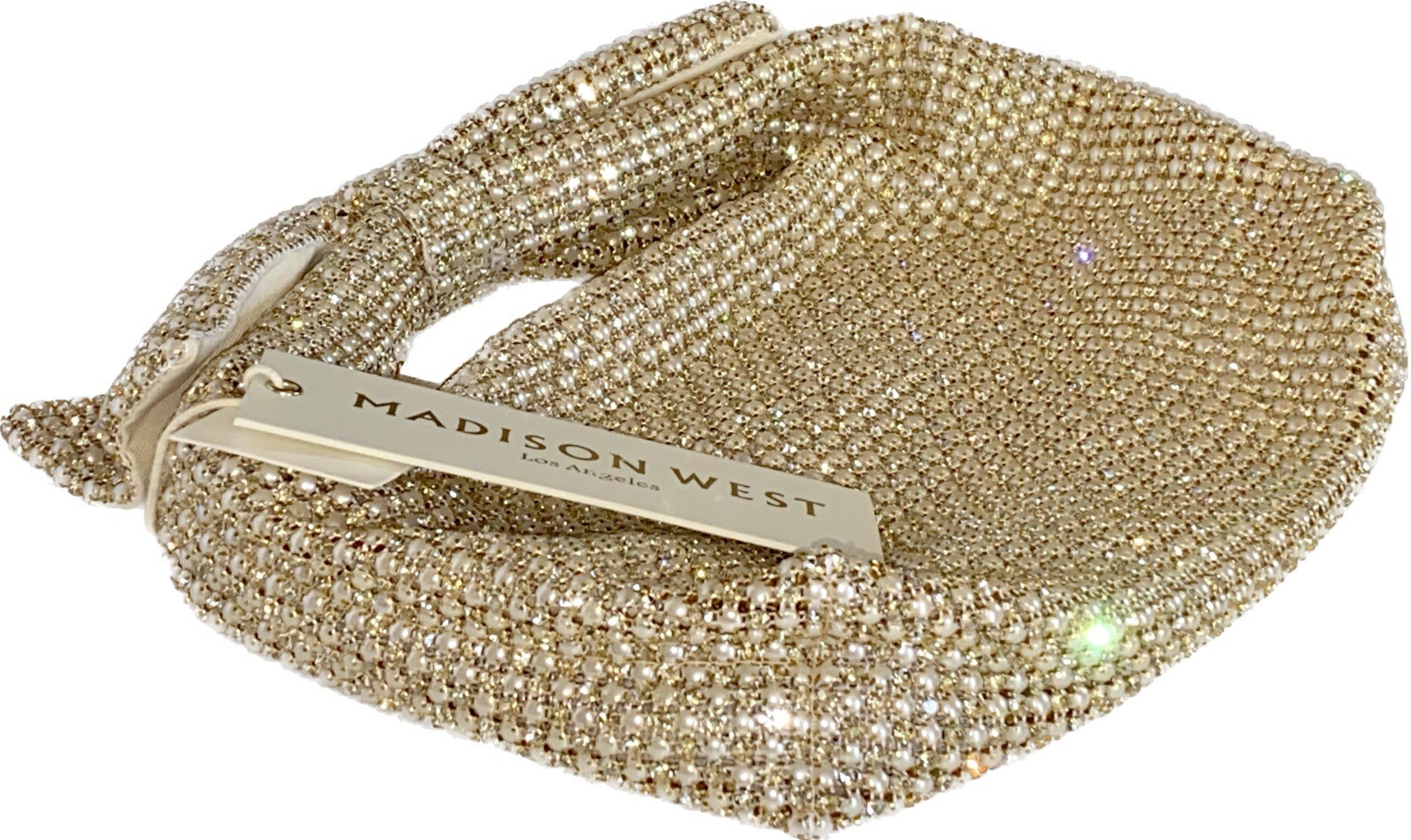 Madison West Aurora Borealis Gold Crystal Pearl Bow Handle Evening Hand Bag NEW
