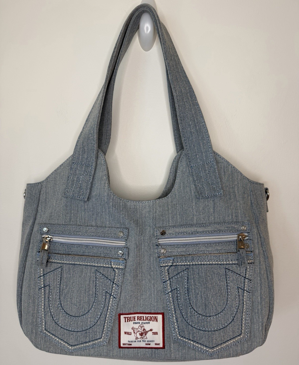 True Religion Women’s Medium Solid Denim Shoulder Bag Satchel Zip Pockets