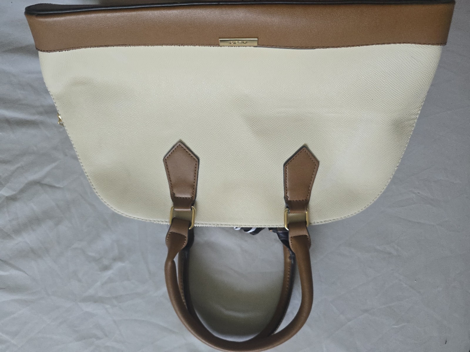 ALDO Two-Tone Beige Brown Satchel Top Handle Zip Gold Padlock Charm Pockets