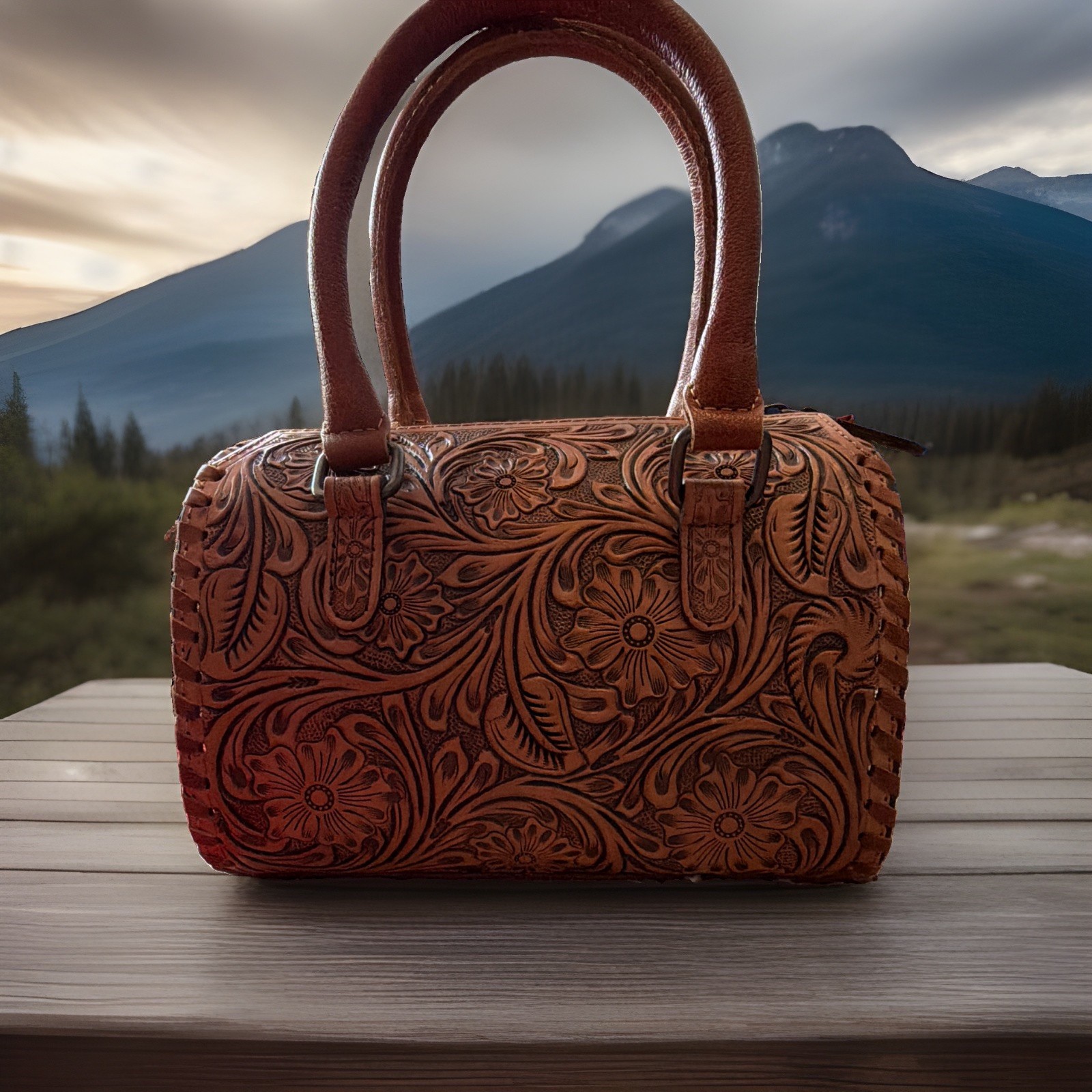 Tooled Floral Western Satchel Top Handle Zip Brown Detach Strap Thunderbird