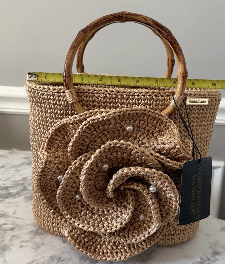 Handmade Crochet Floral Handbag Large 3D Flower Pearl Beige Purse Tote Bag