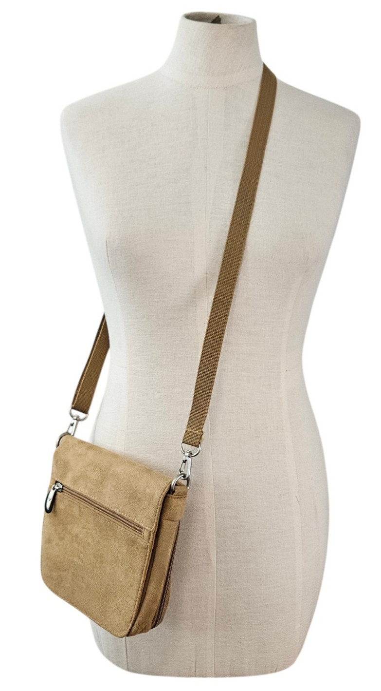 Travelon Crossbody Bag Travel Organizer Microsuede Passport Wallet Mirror Tan