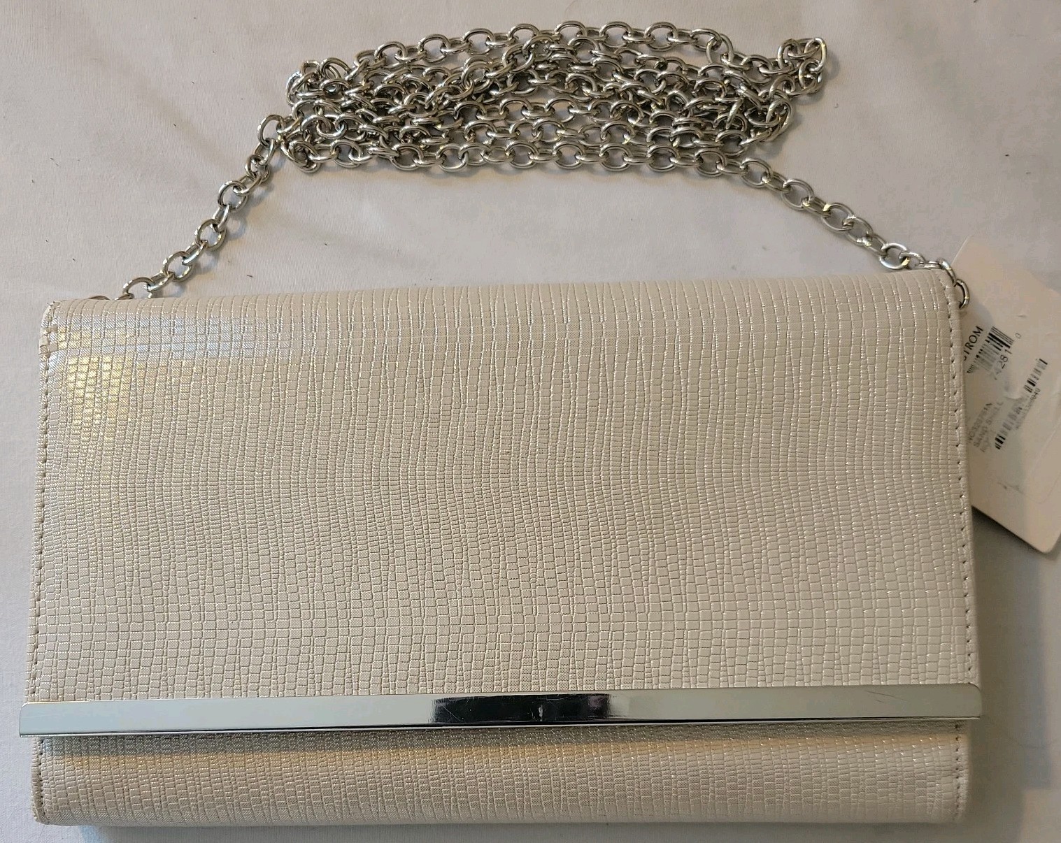 Nordstrom Glint evening clutch formal wedding cream colored with silver chain