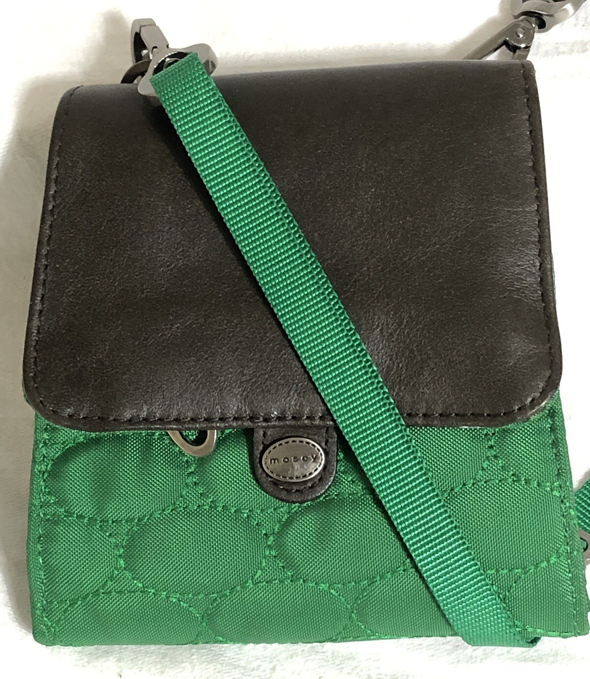 Mosey Crossbody Bag Green/Black Nylon Purse Leather Accents Magnetic Zip Close