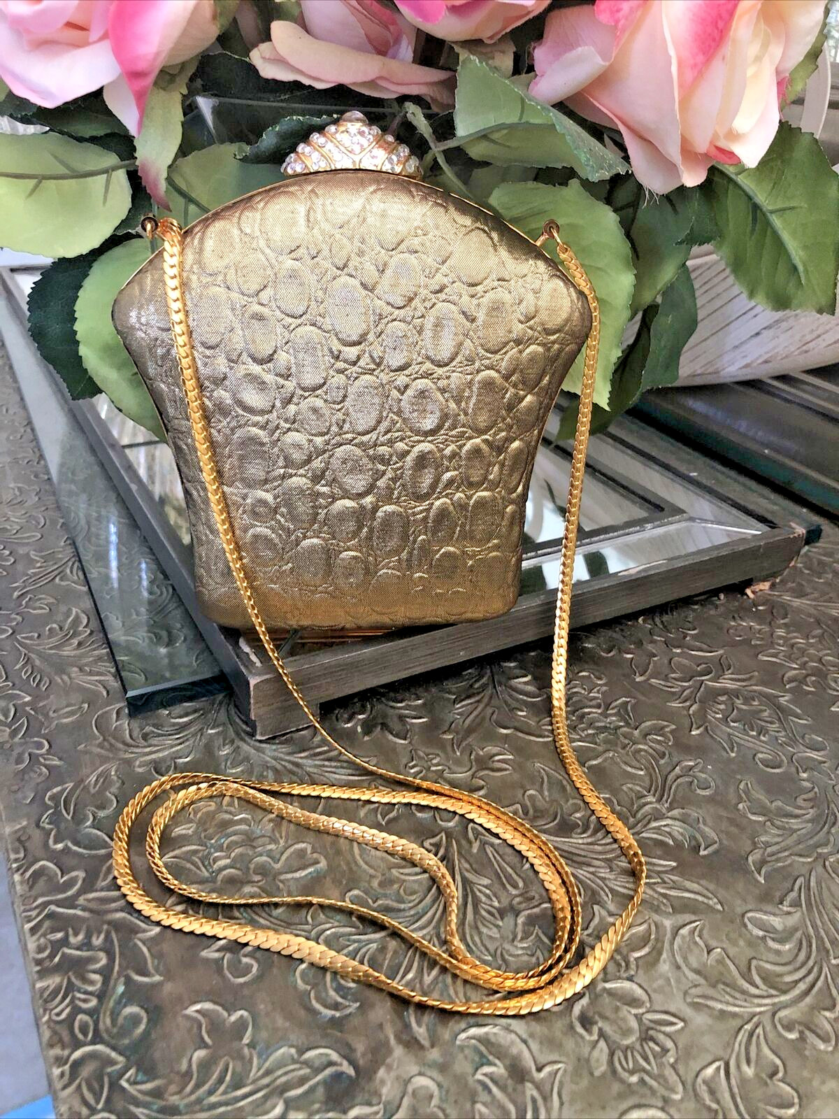 Inge Christopher Luxury Evening Mini Gold Embellished Hard Case Occasional Bag