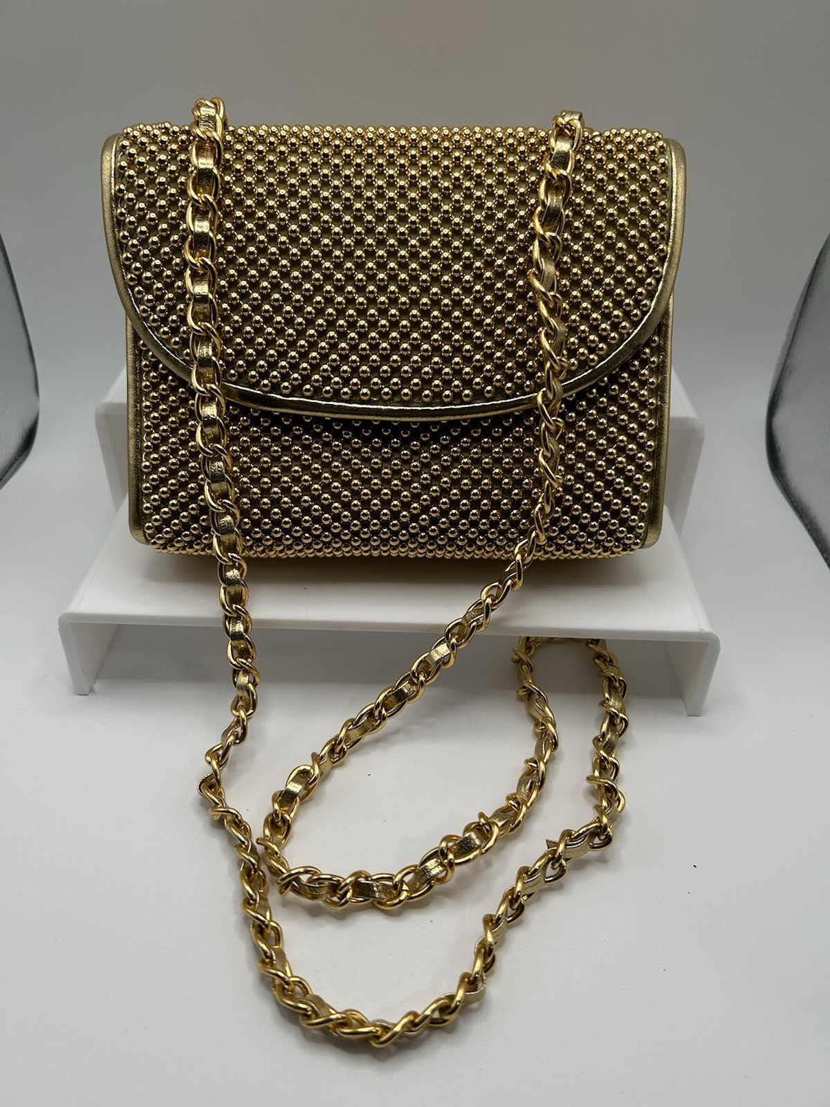 Warren Reed Gold Beaded Clutch Evening Bag Gold Chain Strap Dressy Purse. D5