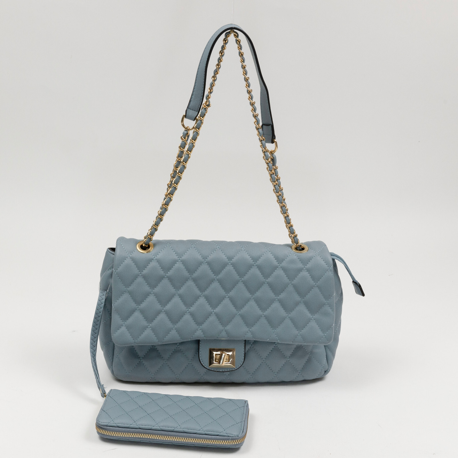 Alyssa Quilted Faux Leather 2 Piece Shoulder Bag Dusty Blue PRE-OWN