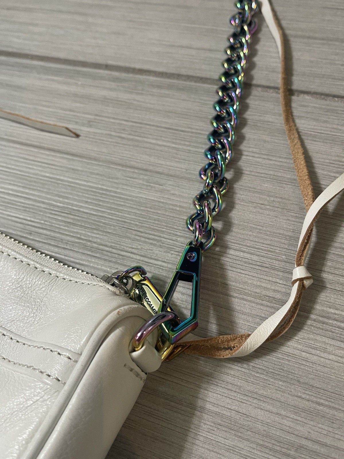 Rebecca Minkoff Mini Mac Crossbody Bag White Leather Iridescent Chain Strap Hook