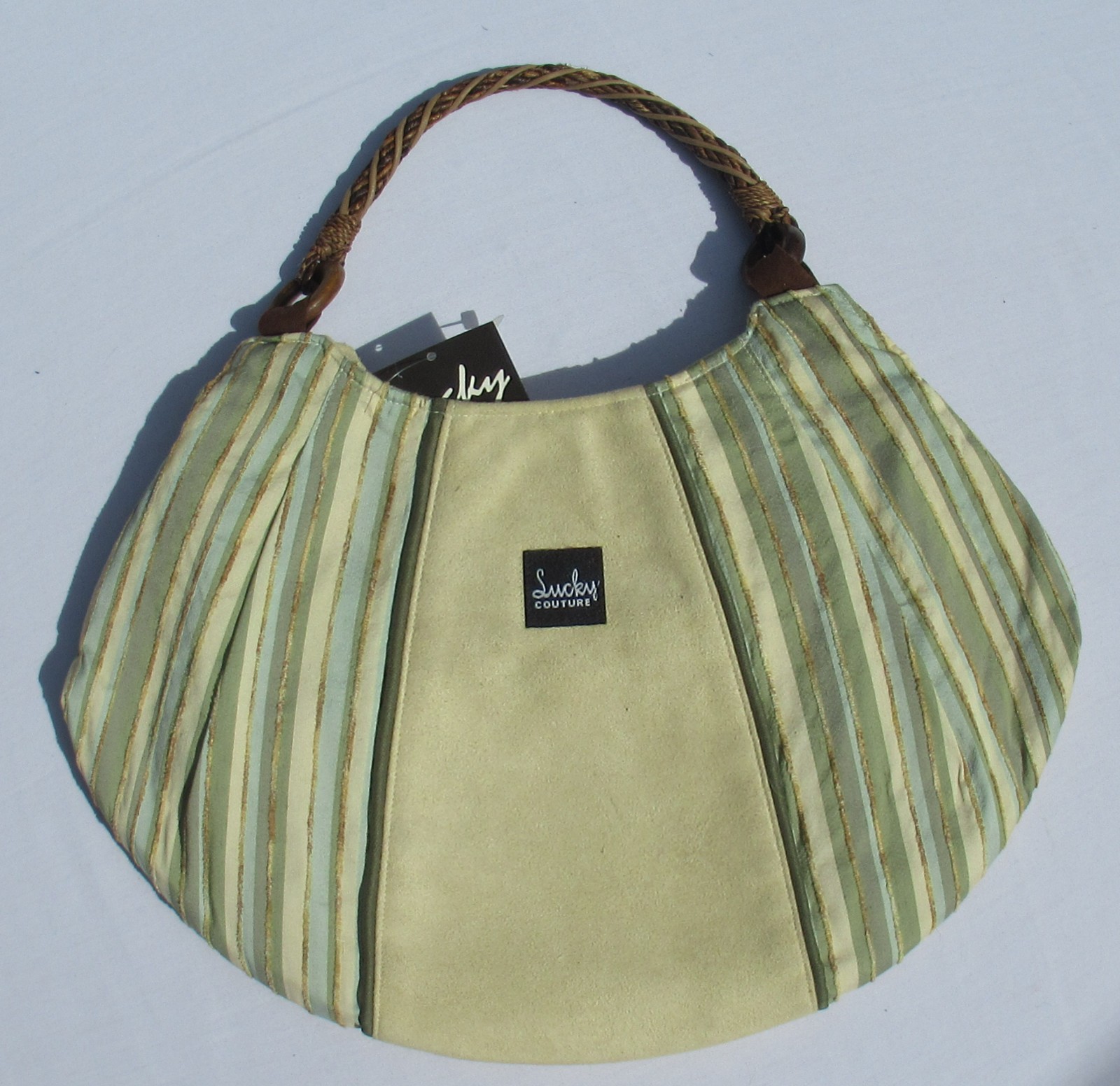 Fabric purse, striped silk and solid cream suede fabric, 2 brown braided handels