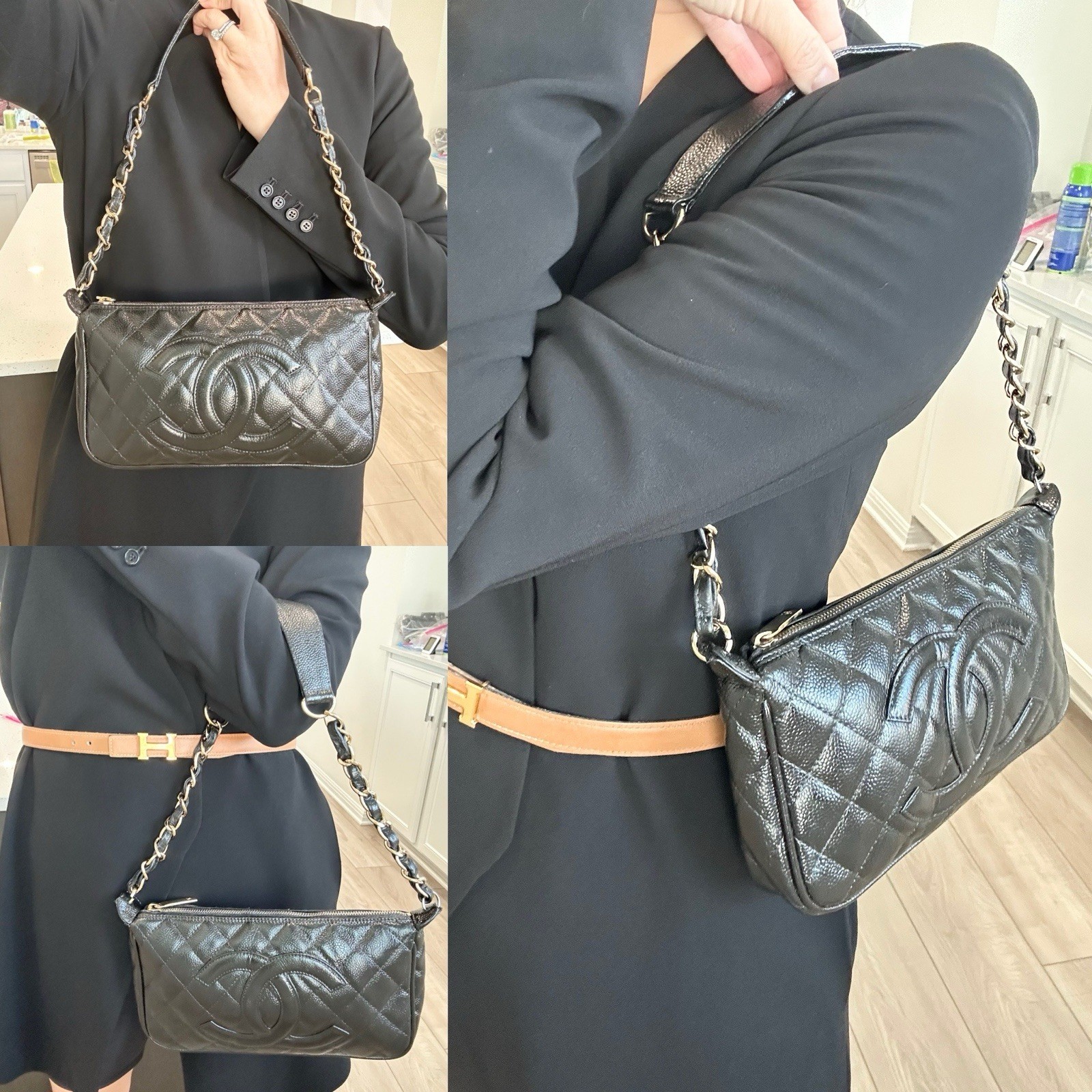 Auth CHANEL Classic CC Black Caviar Leather Pochette Chain Shoulder Bag
