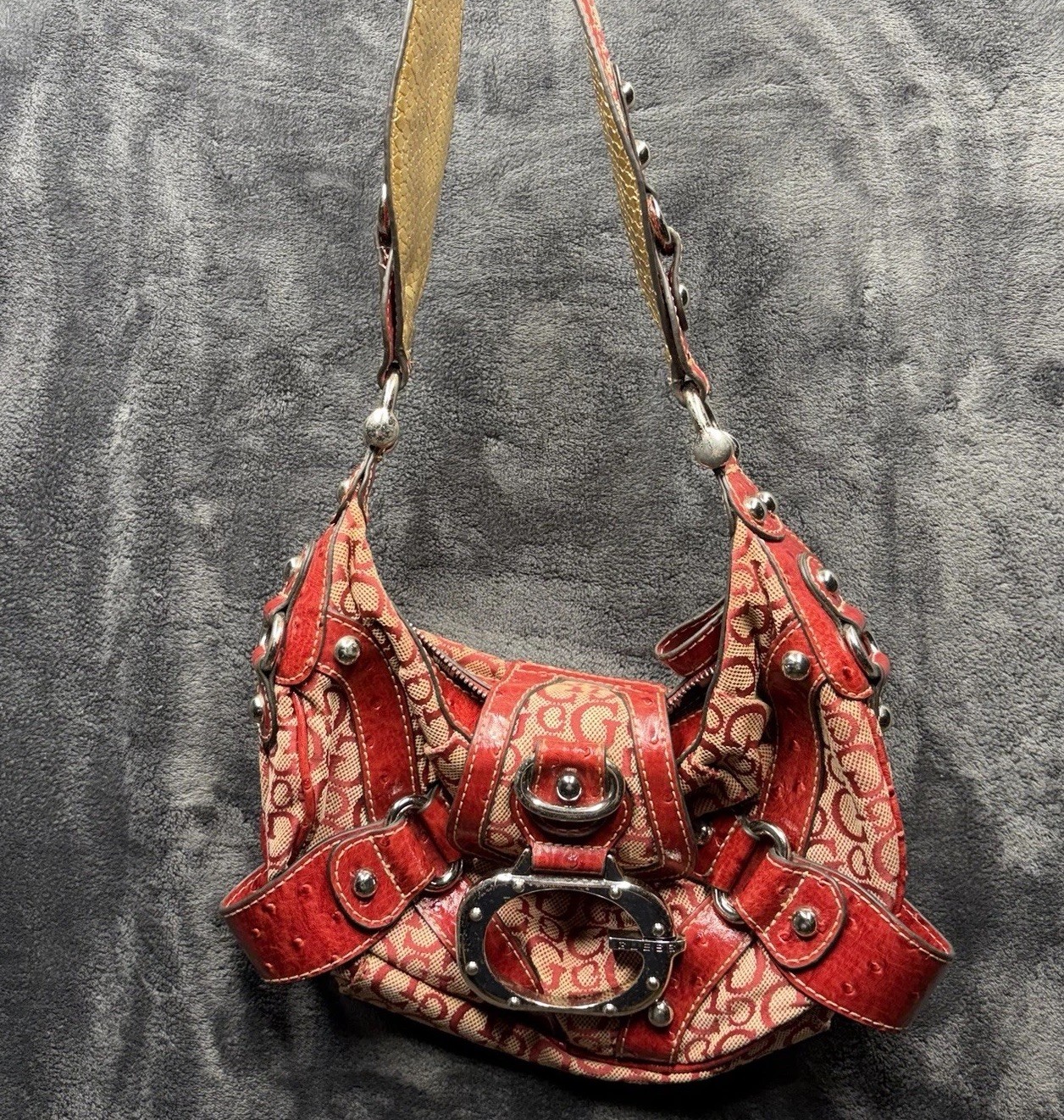 Guess Y2K Red Monogram Satchel Bag Faux Ostrich Trim Y2K Leopard Print RARE