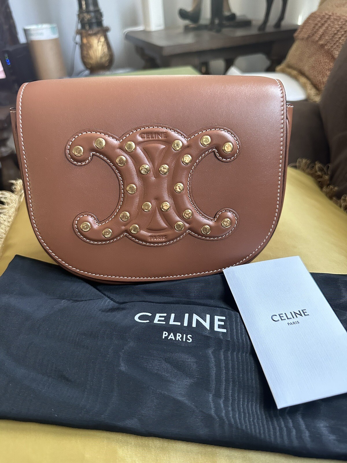 NWT Celine Stud Folco Cuir Triomphe in Smooth Calfskin Tan Leather $2300 RARE!!