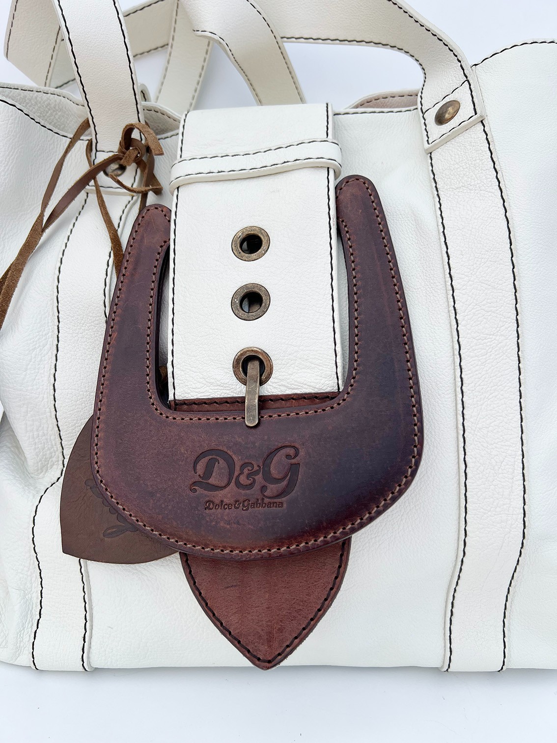 Authentic D&G Dolce Gabbana White Leather Tote Bag Western Equestrian Y2K
