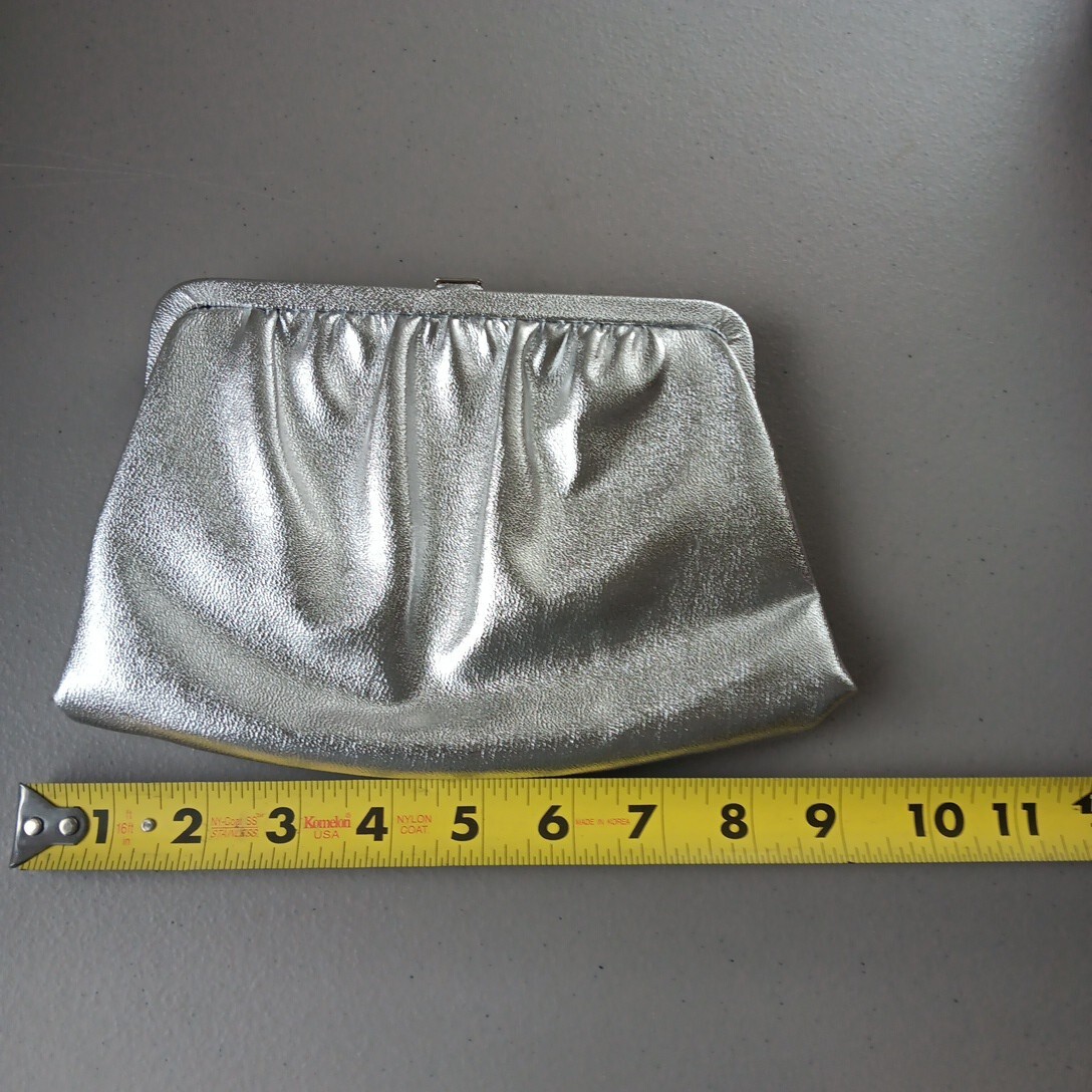 VTG Silver Clutch Evening Formal Purse Framed Bag Rose Clasp Chain Handle Glam