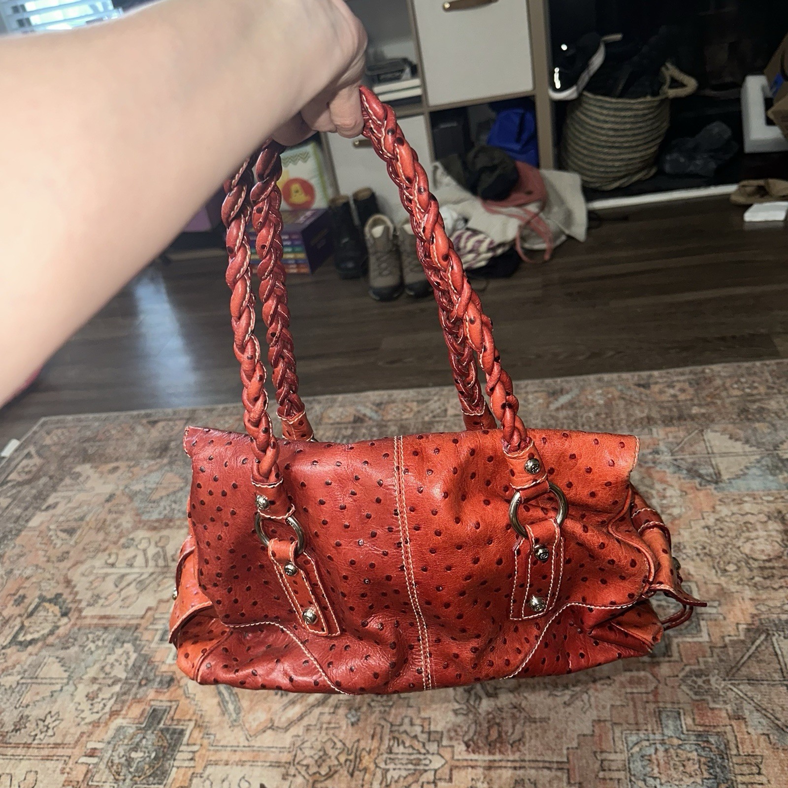 FRANCESCO BIASIA Secret Love Medium Satchel in Brown/Red Ostrich Print Leather