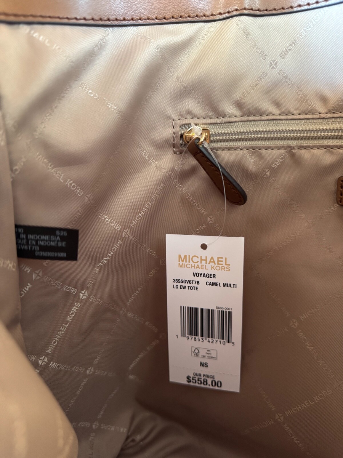 Michael Kors Voyager LG Drawstring Tote Shoulder Bag MK Color-Block Camel Multi