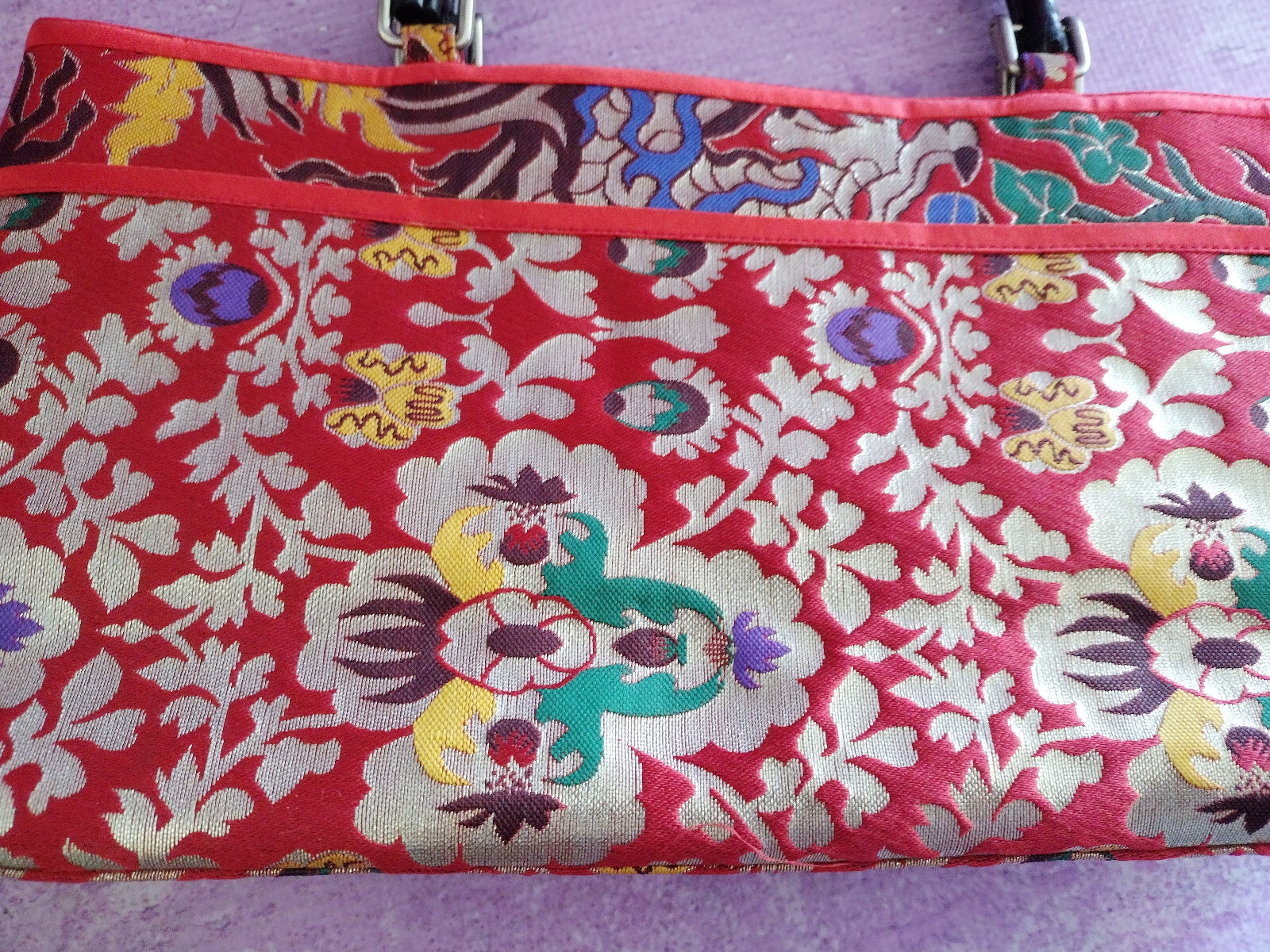 Asian Embroidered Purse Red Floral Multi Metallic Thread Bamboo Look Dbl Handles