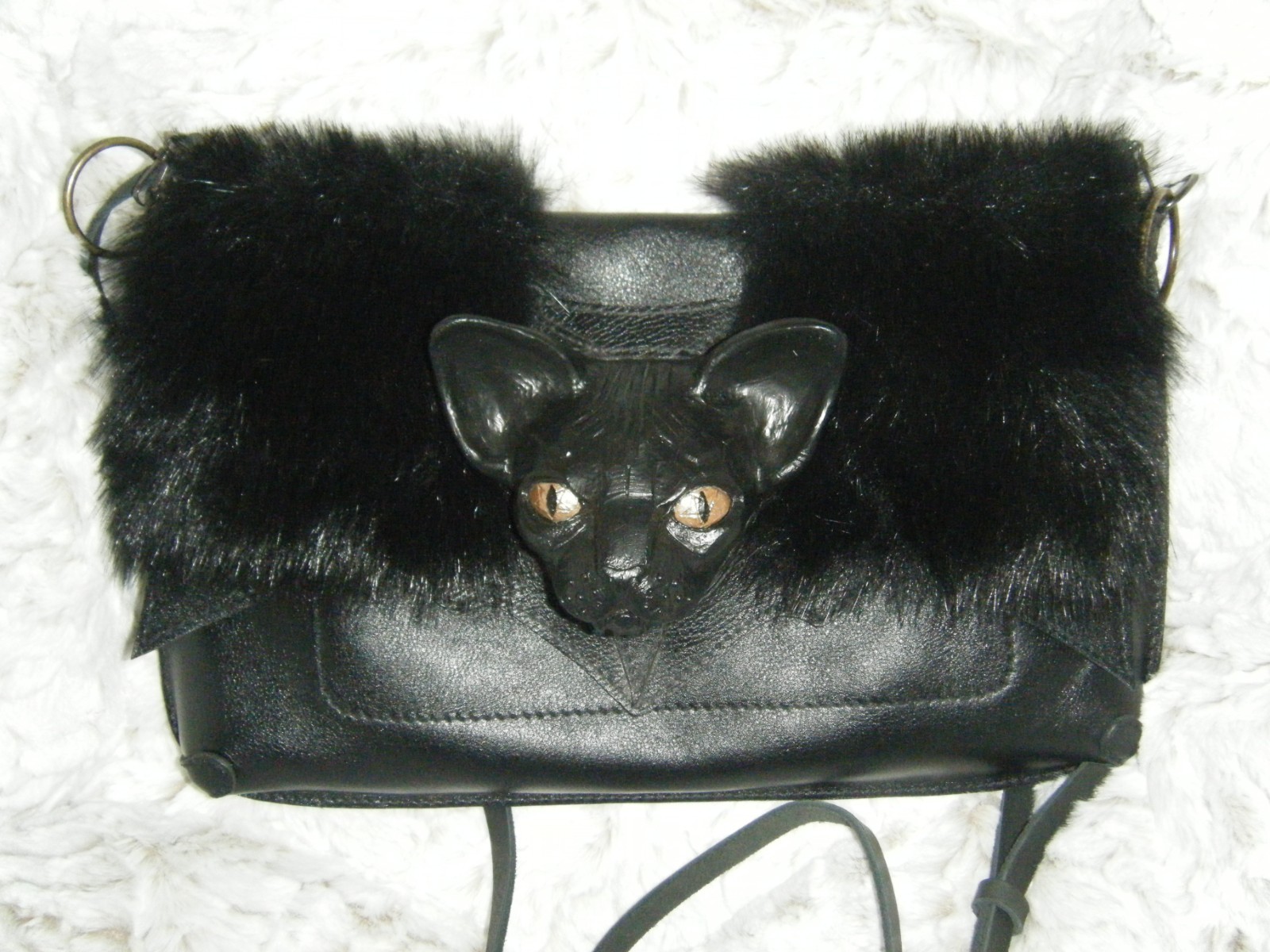 Black Leather Faux Fur Evil Cat Head PURSE