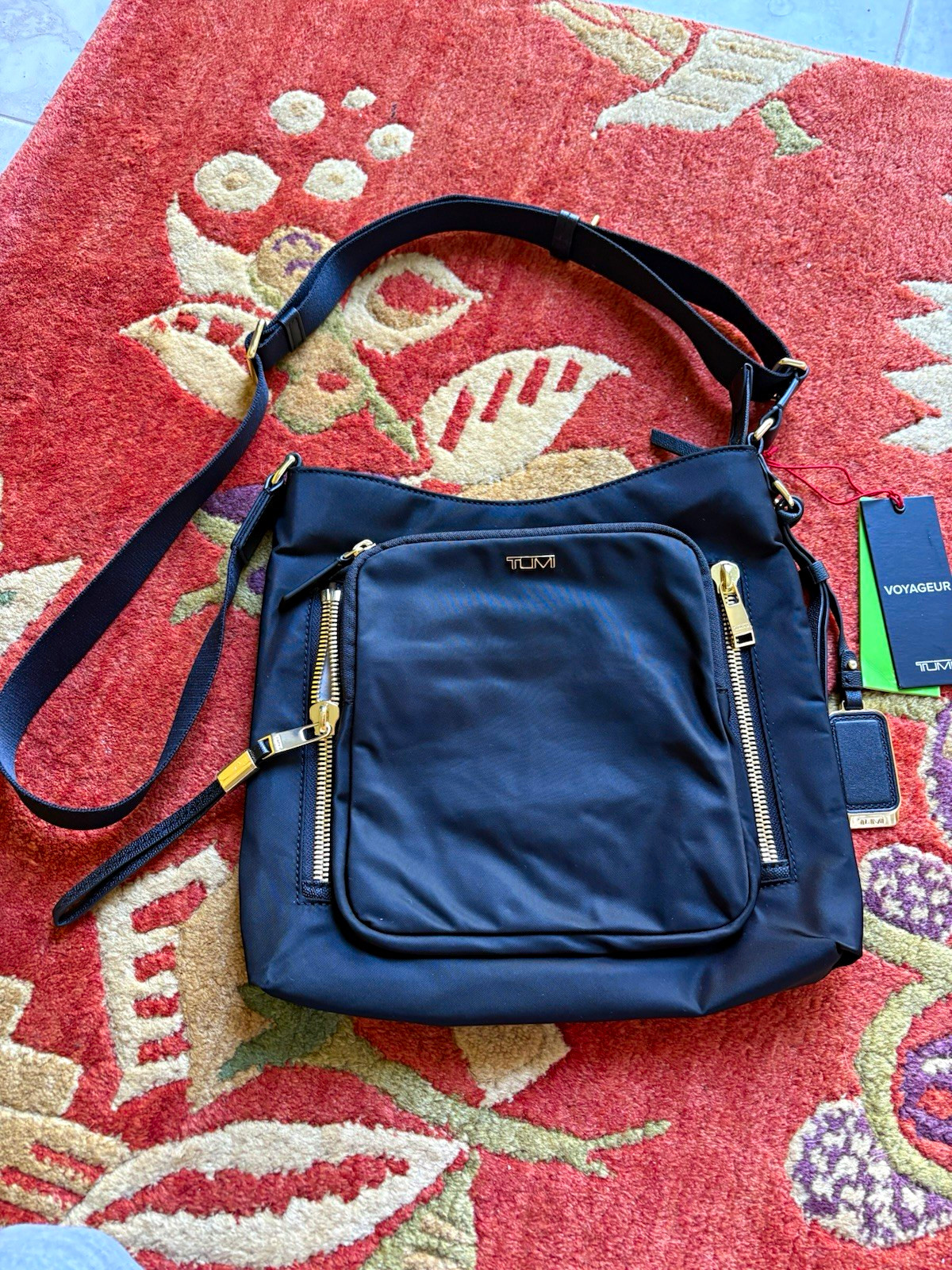 TUMI Voyageur Black Medium Crossbody Bag Zip Closure Gold Hardware travel